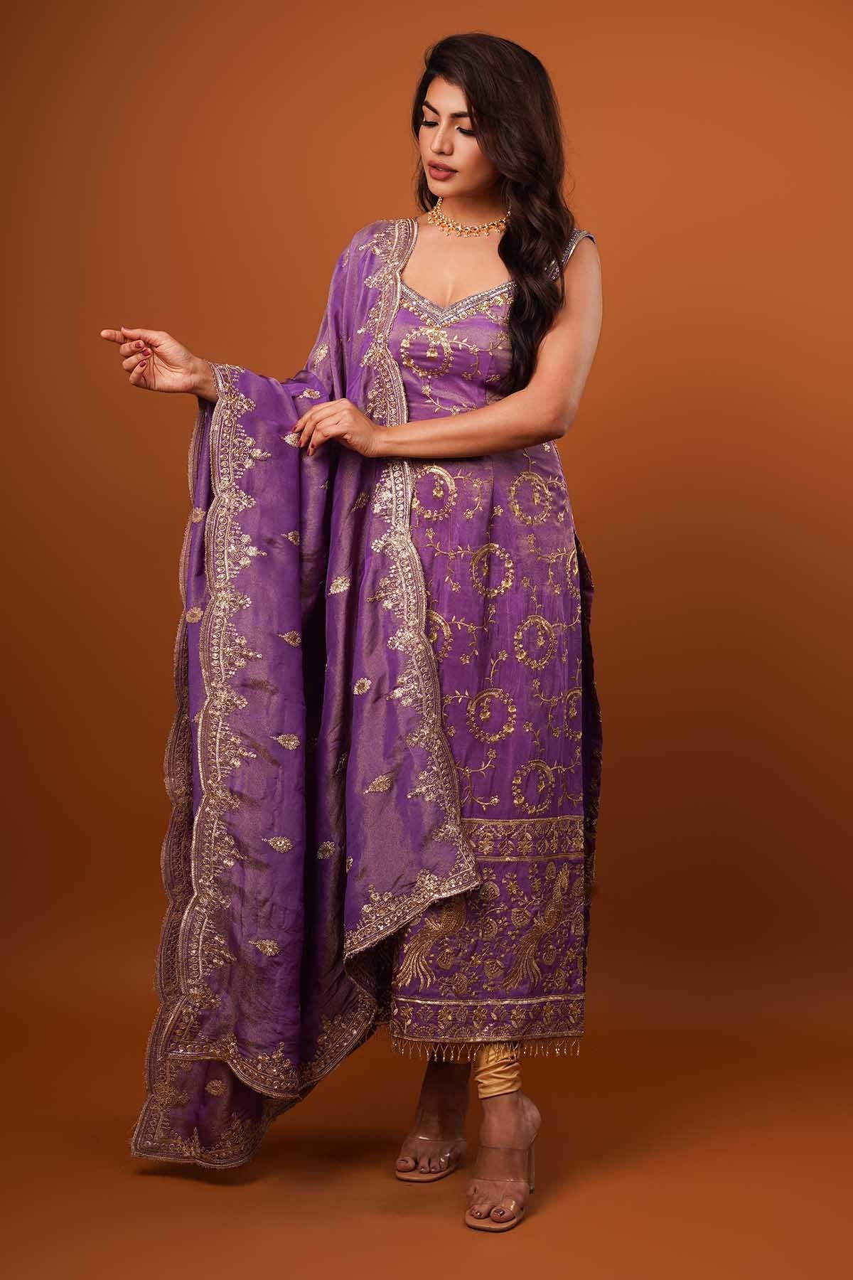 Ajay & Priyanka Purple Zardosi Floral Kurta Set for women online at ScrollnShops