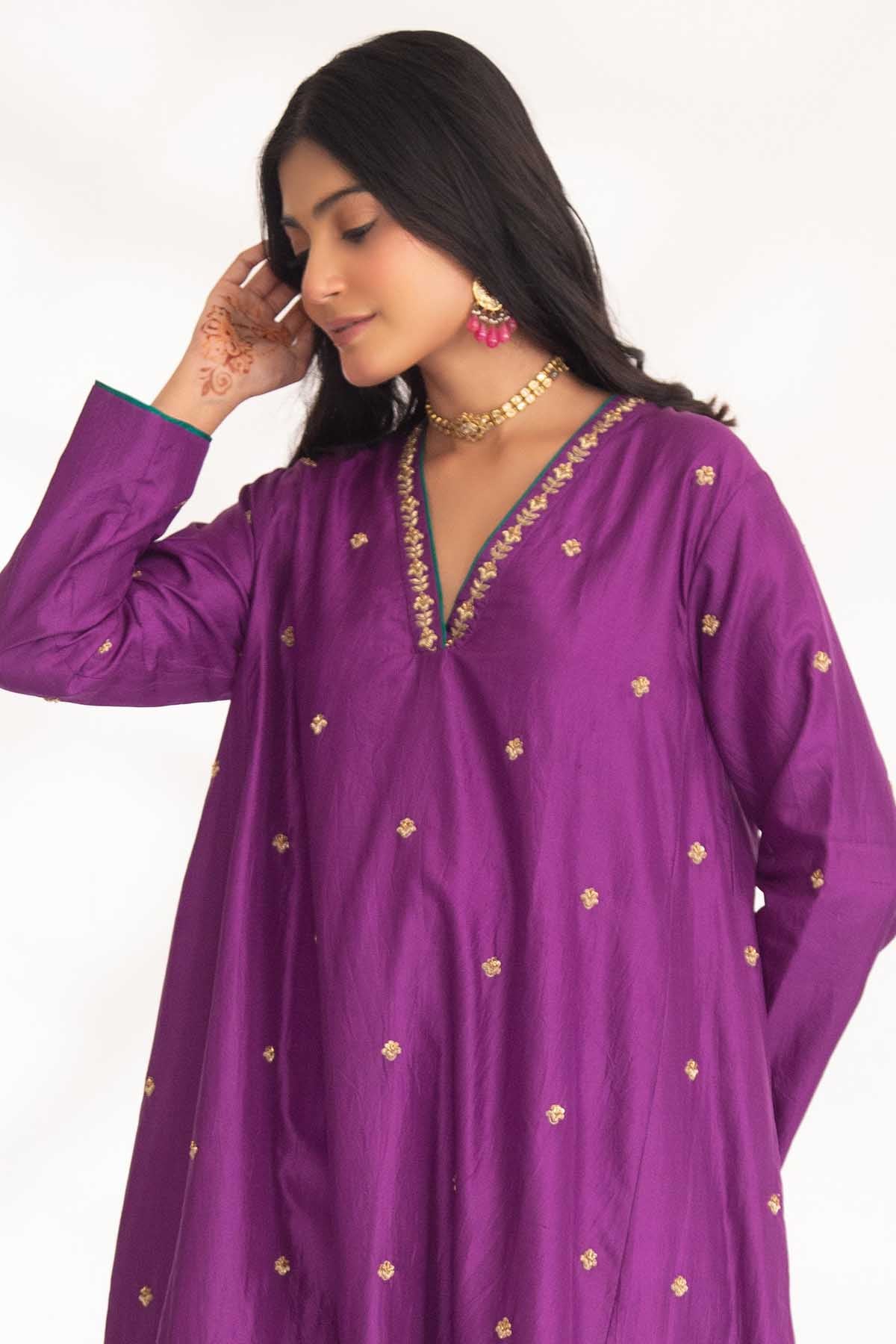Purple Zardozi Flared Kurta Set