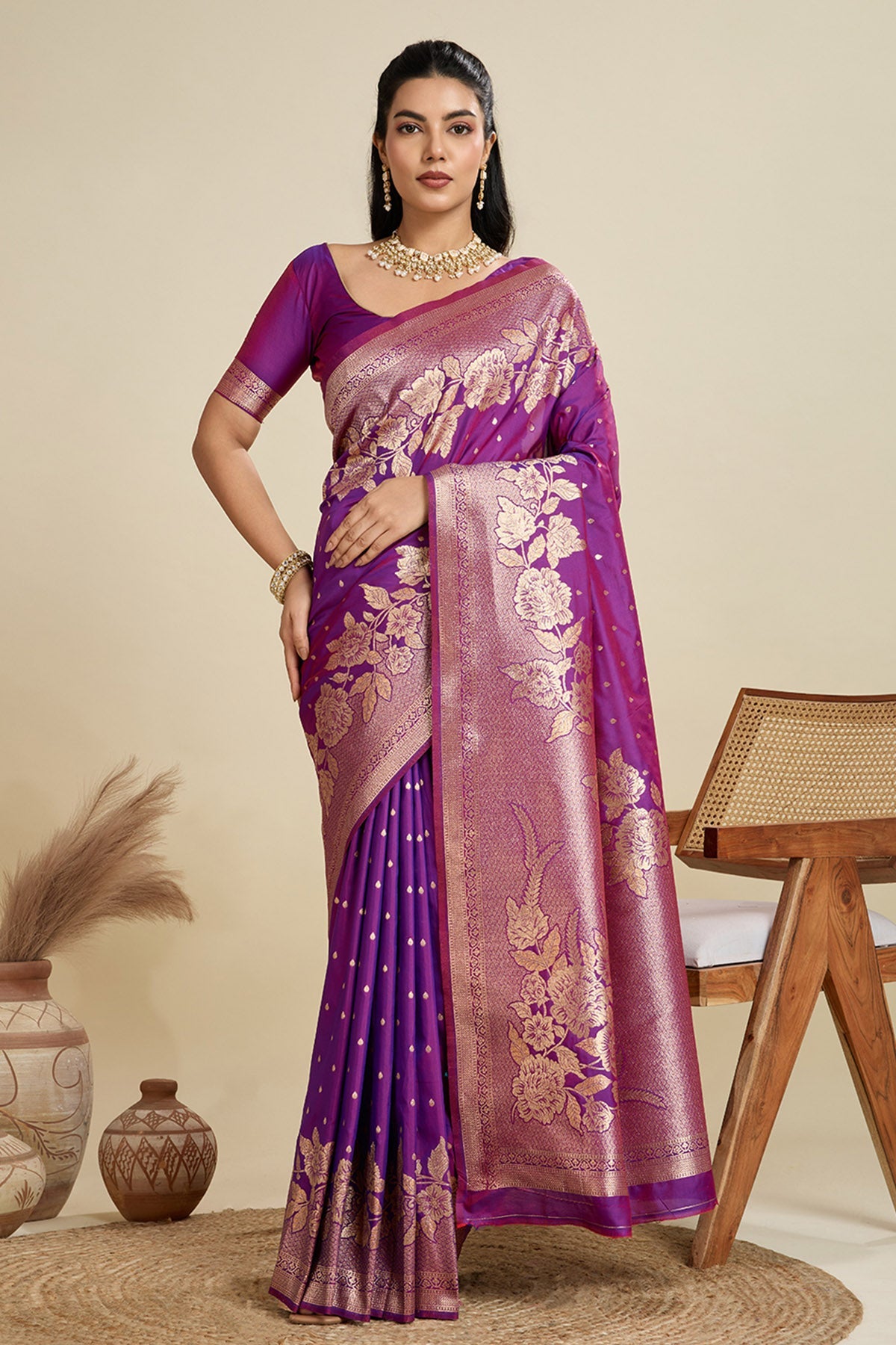 Buy Purple Zari Banarasi Silk Saree for Women Online available at ScrollnShops