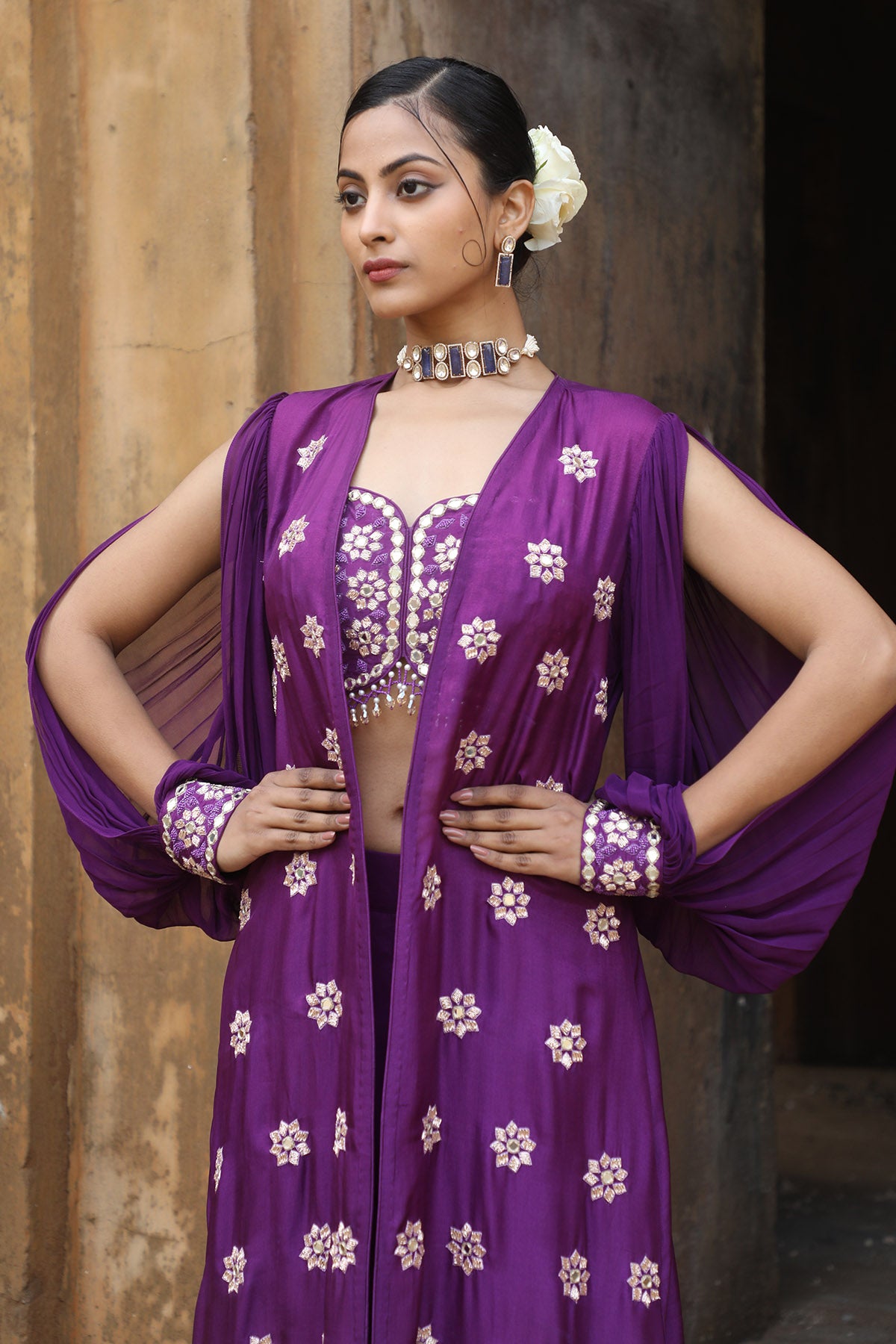 Purple Zari Embroidered Cape Set