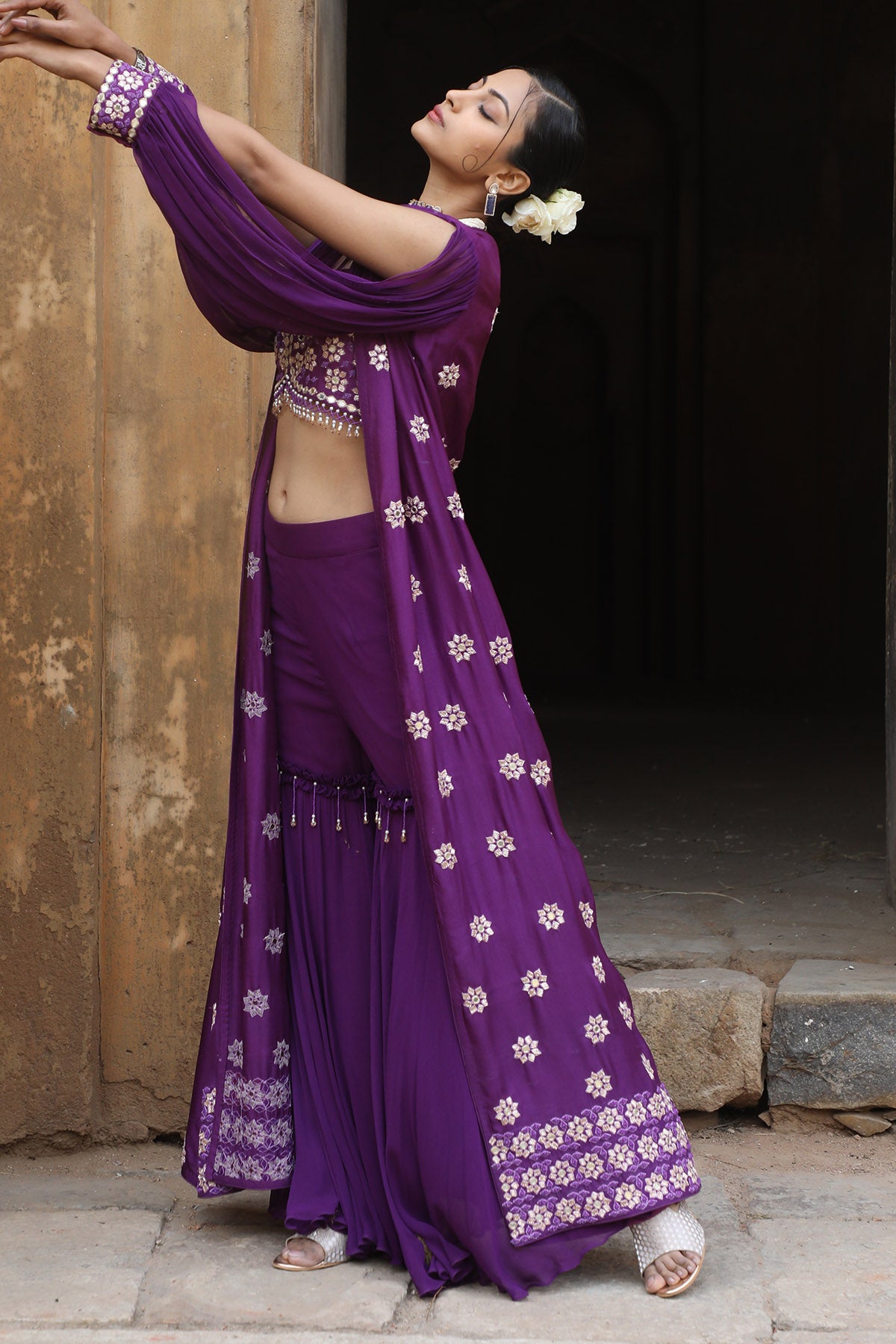 Purple Zari Embroidered Cape Set