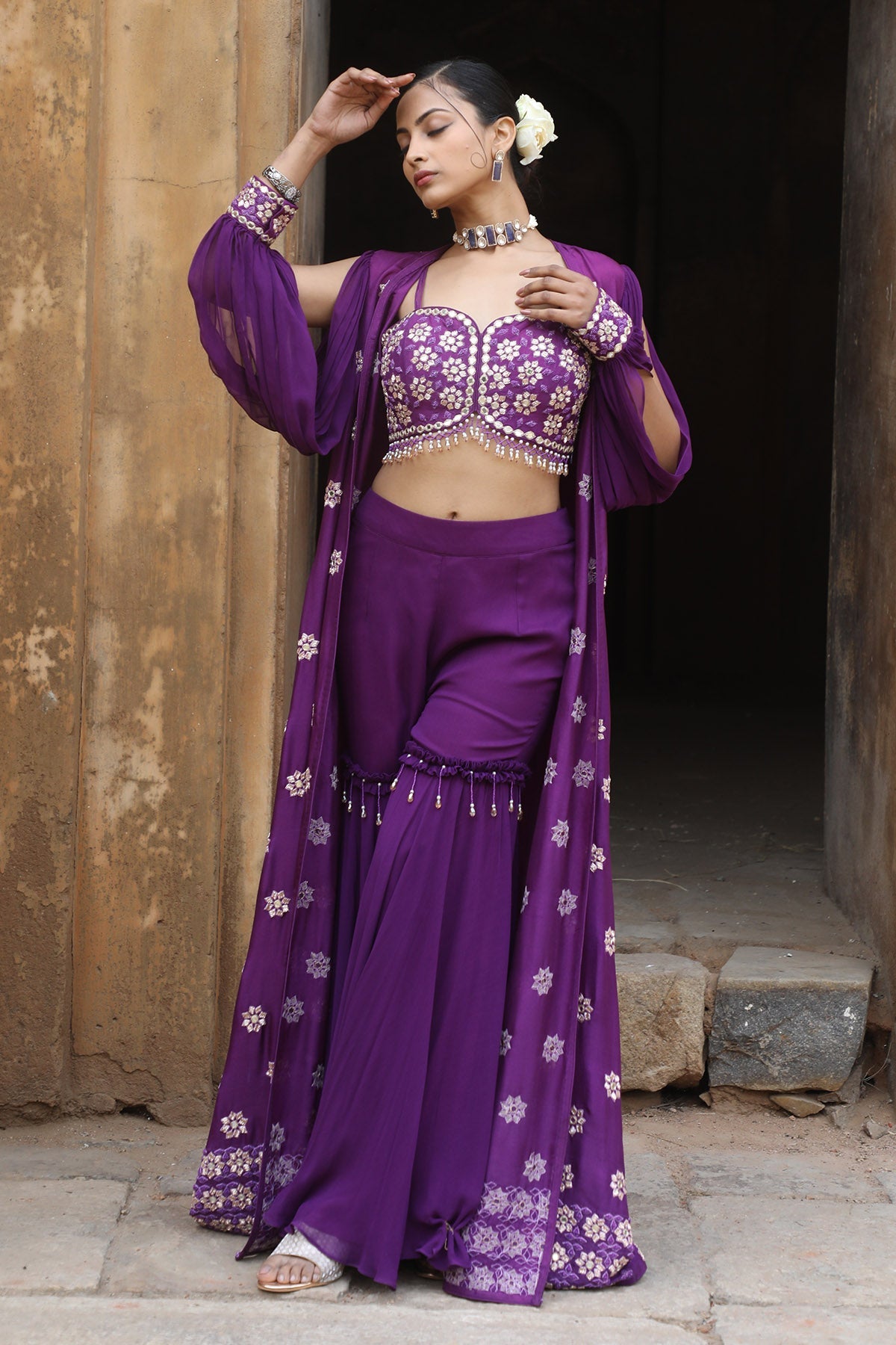 Buy Purple Zari Embroidered Cape Set by Nitisha Kashyap for women online at ScrollnShops