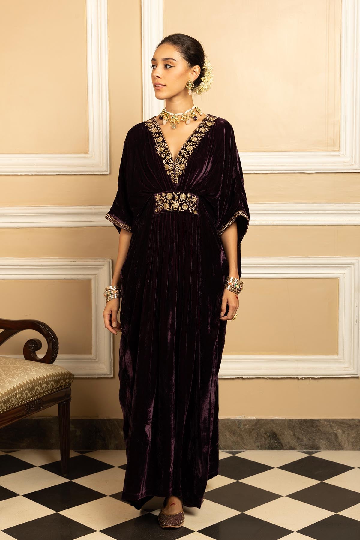 Purple Zari Silk Velvet Kaftan