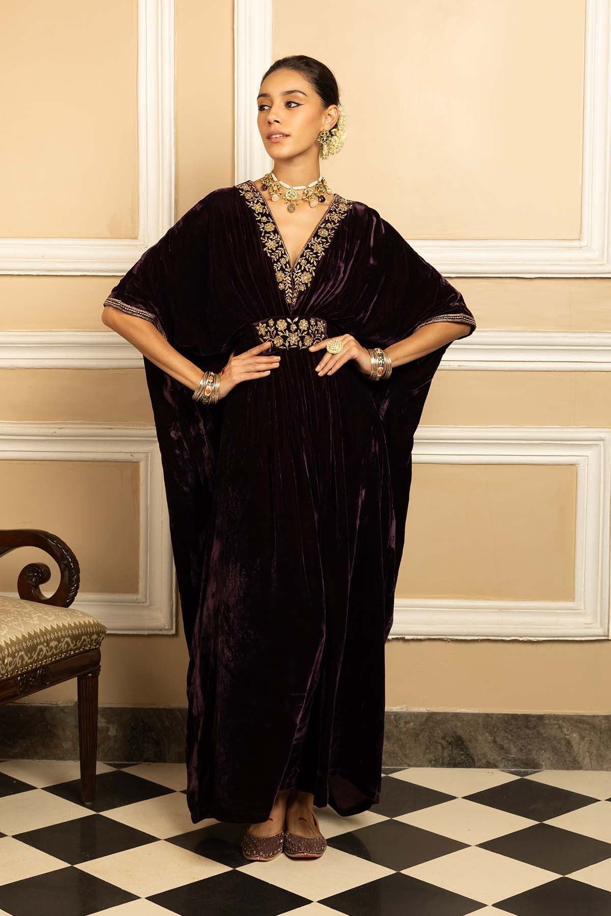 Buy Purple Zari Silk Velvet Kaftan by Dohr India for women online at ScrollnShops