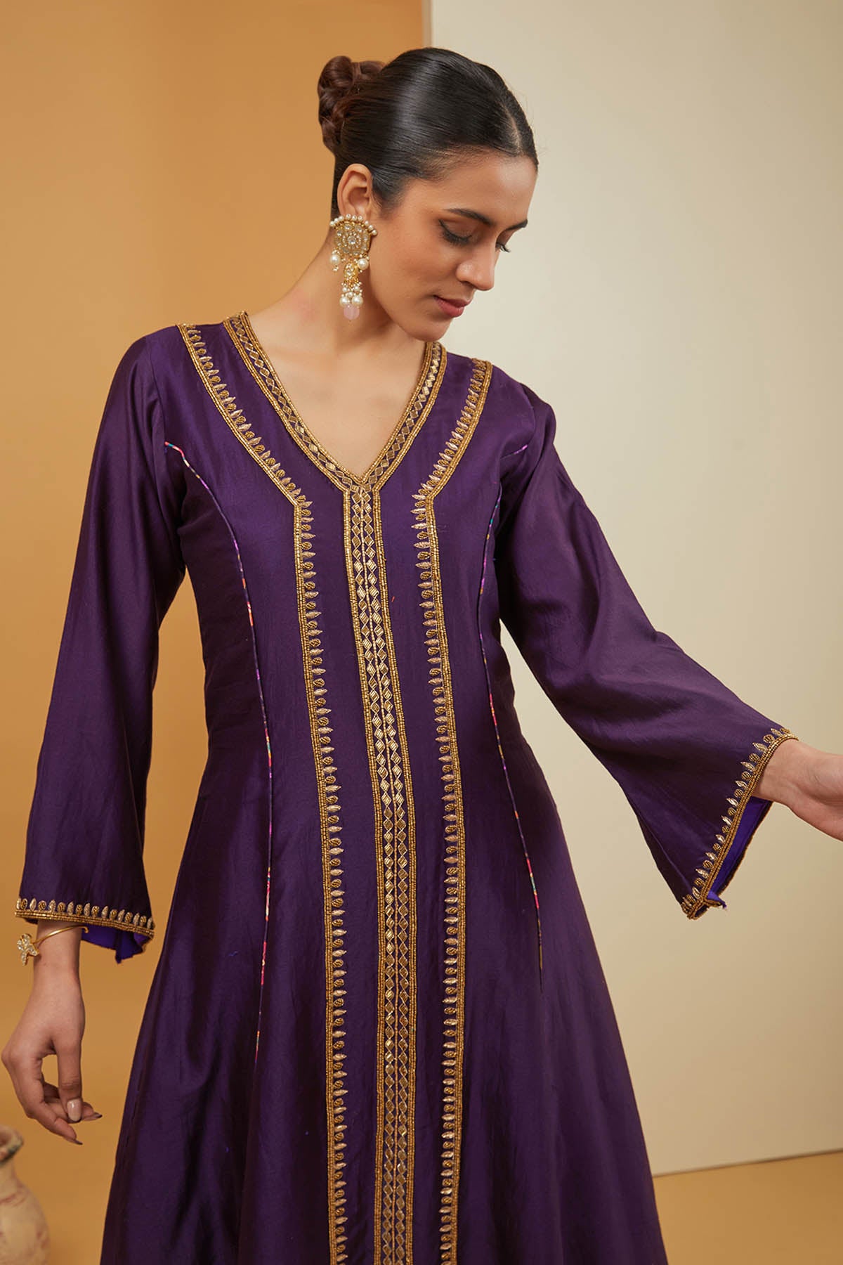 Purple Zari V-Neck Kurta Set