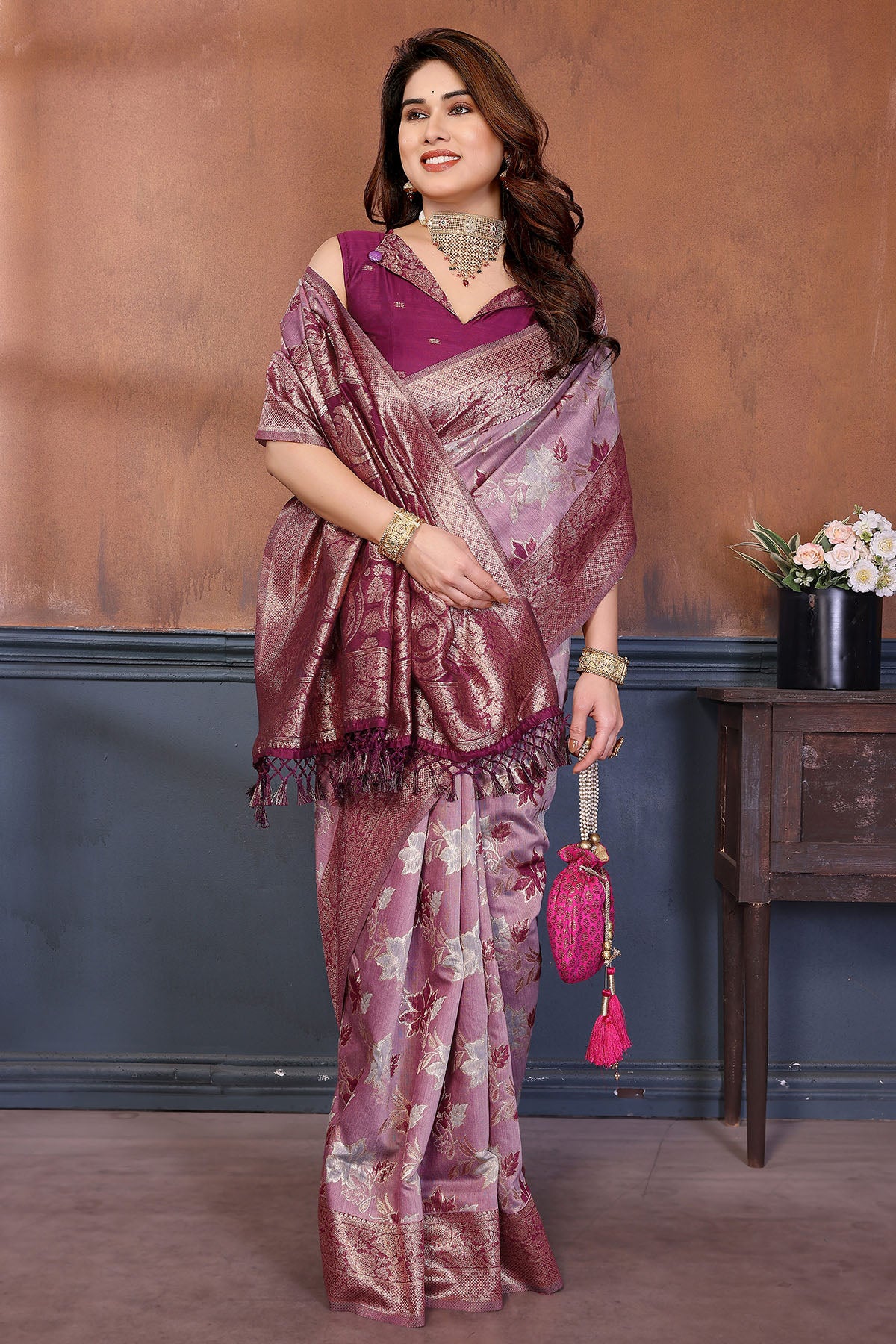 Purple Zari Weave Tassel Saree
