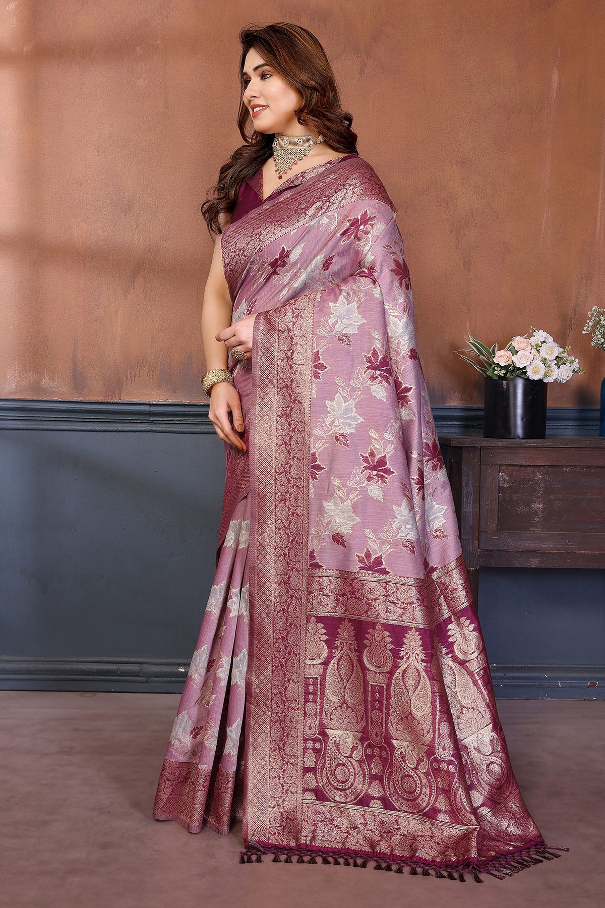 Purple Zari Weave Tassel Saree