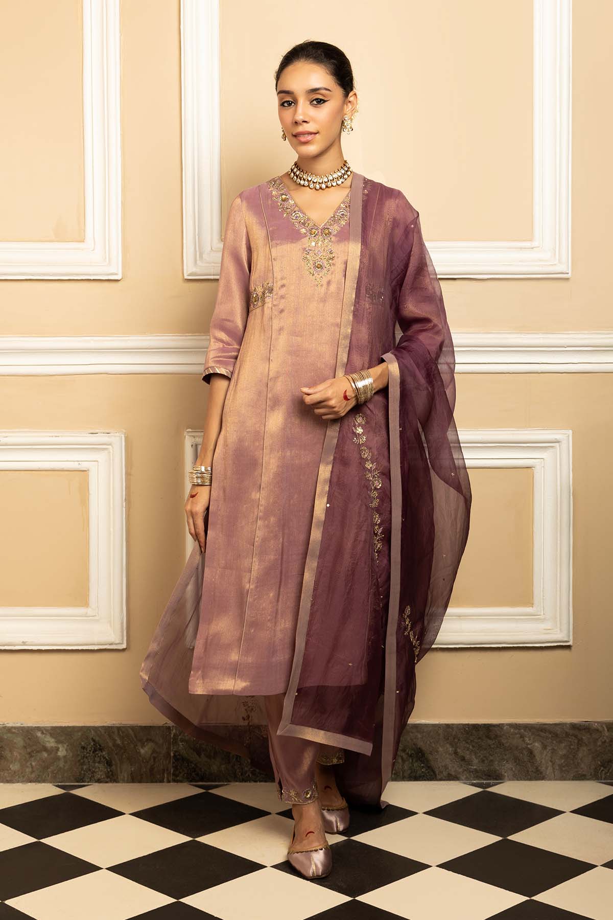 Buy Purple Zari Work Long Kurta Set by Dohr India for women online at ScrollnShops