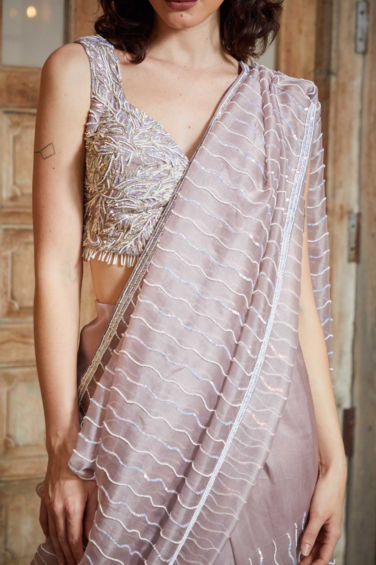 Purplish White Net Saree Set