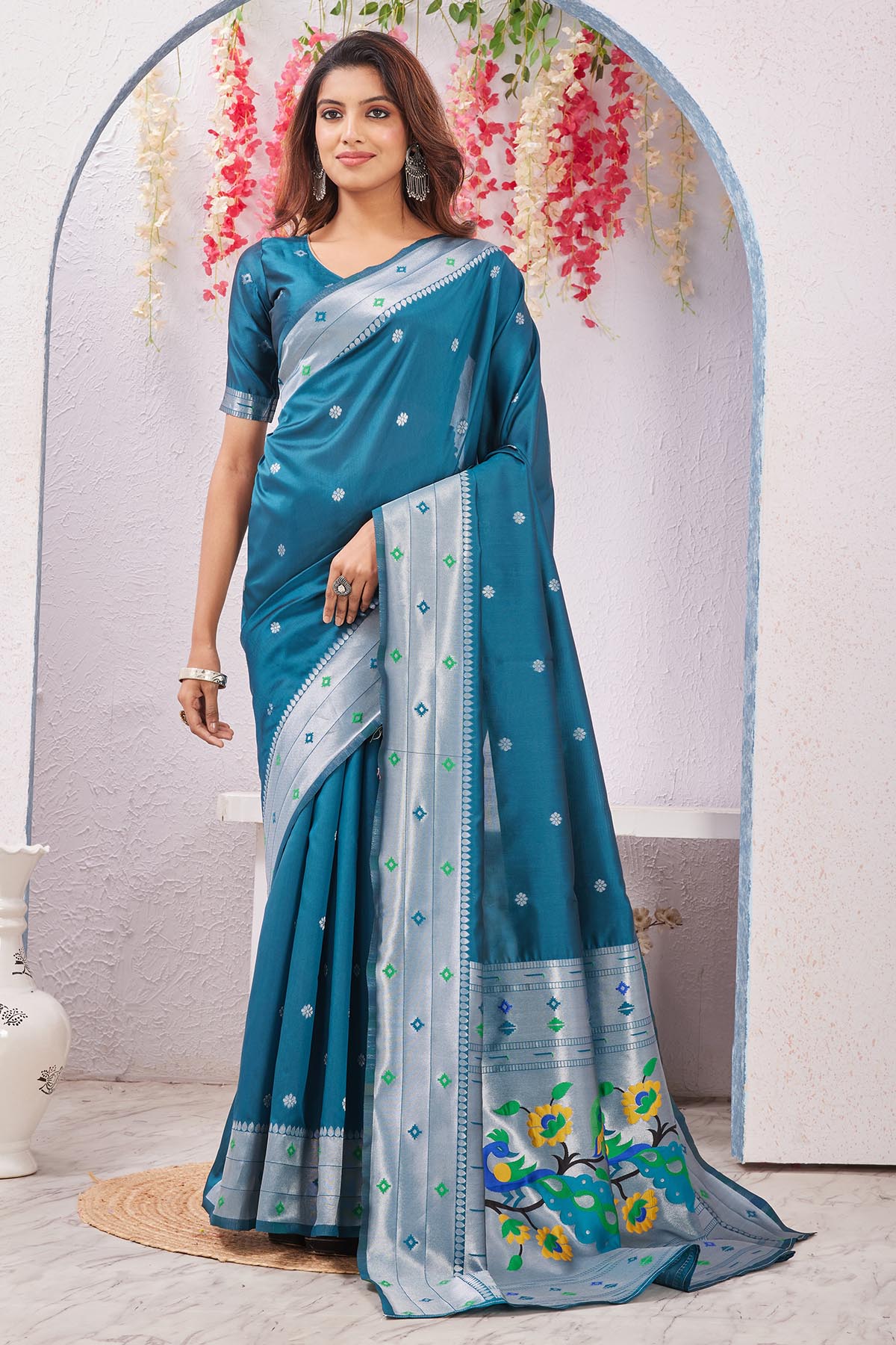 Buy Rama Banarasi Silk Floral Saree for women by Aastha Fashion online available at scrollnshops