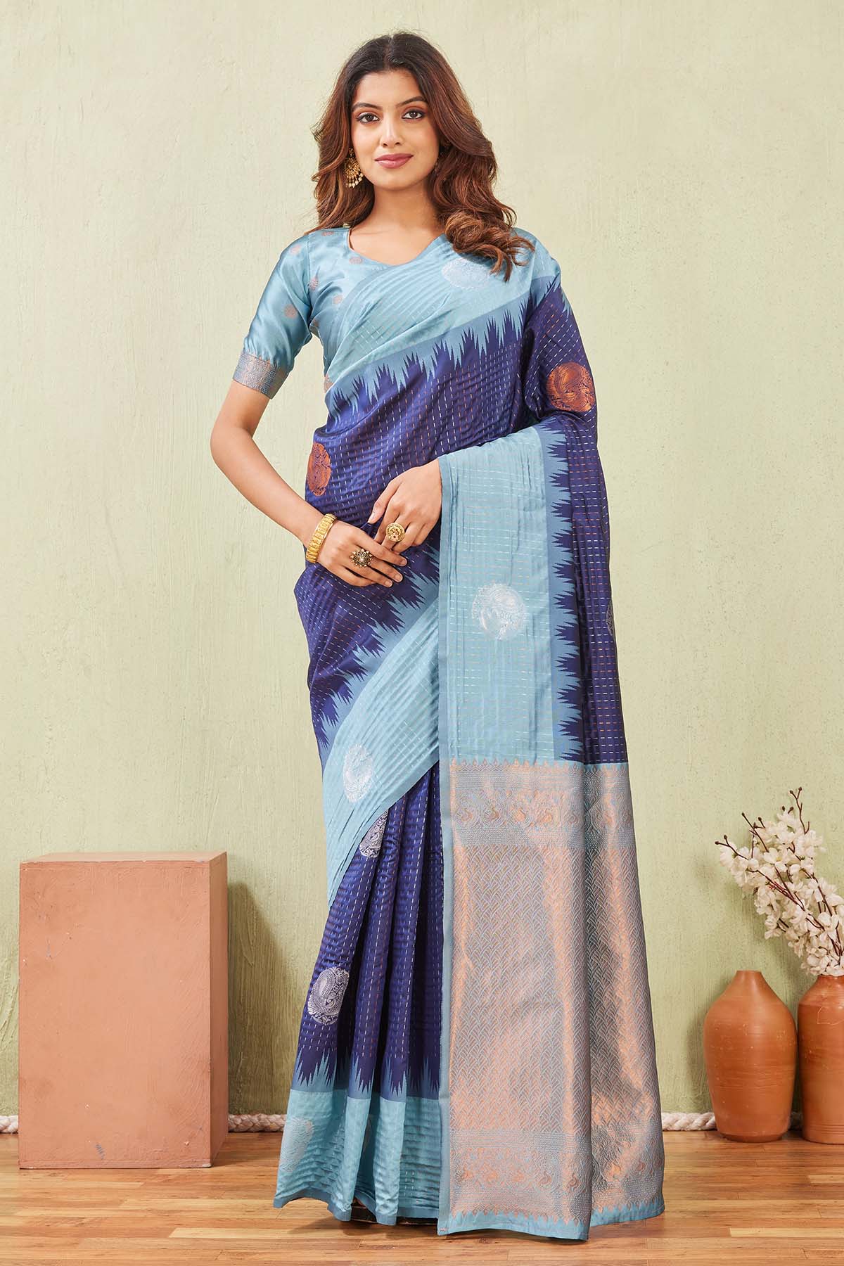Buy Rama Blue Floral Border Saree for women by Aastha Fashion online available at scrollnshops