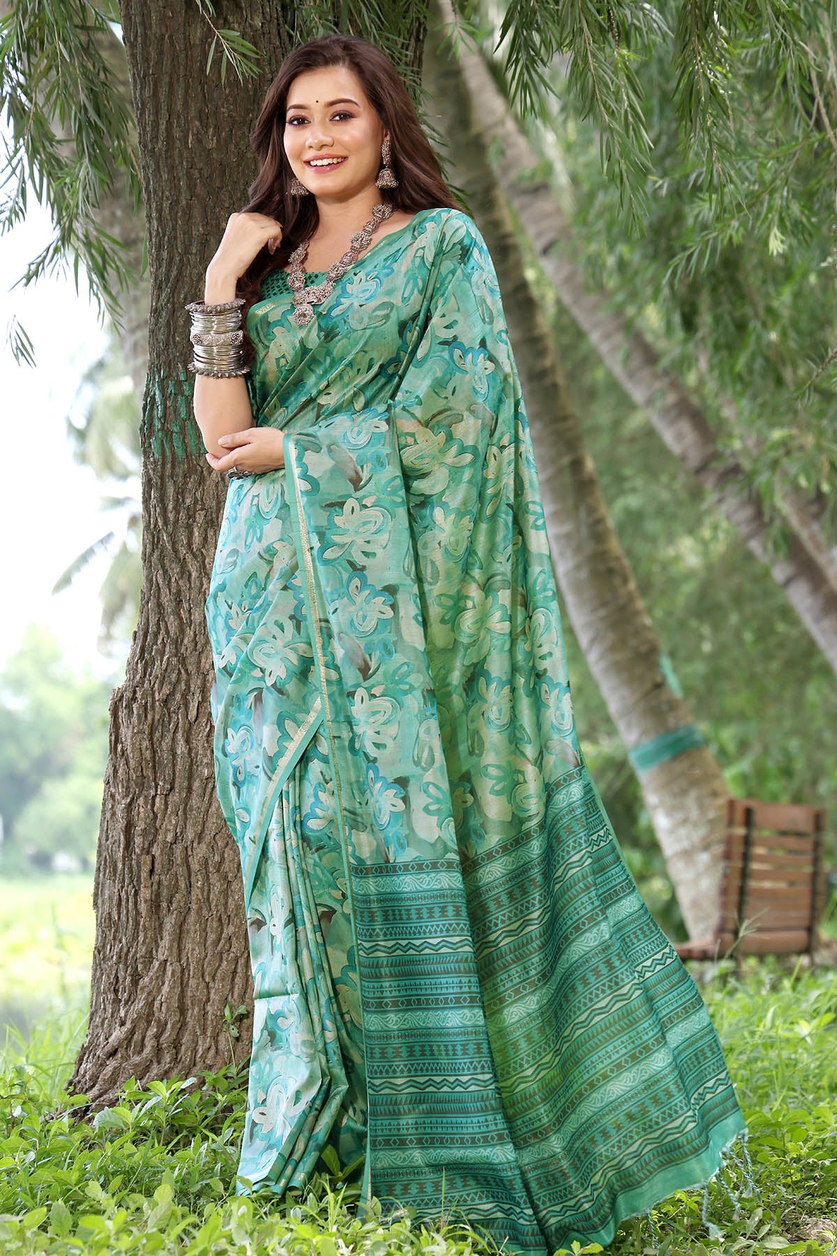 Buy Rama Cotton Silk Printed Saree by Lili Lala for women online at ScrollnShops