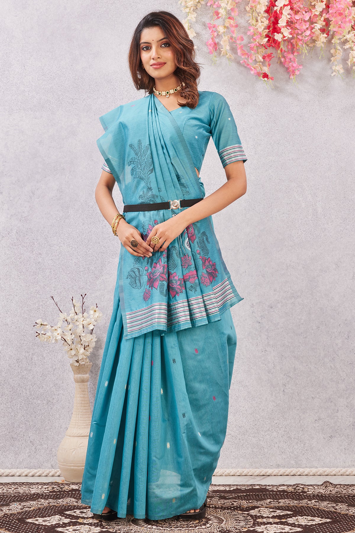 Rama Floral Embroidered Saree