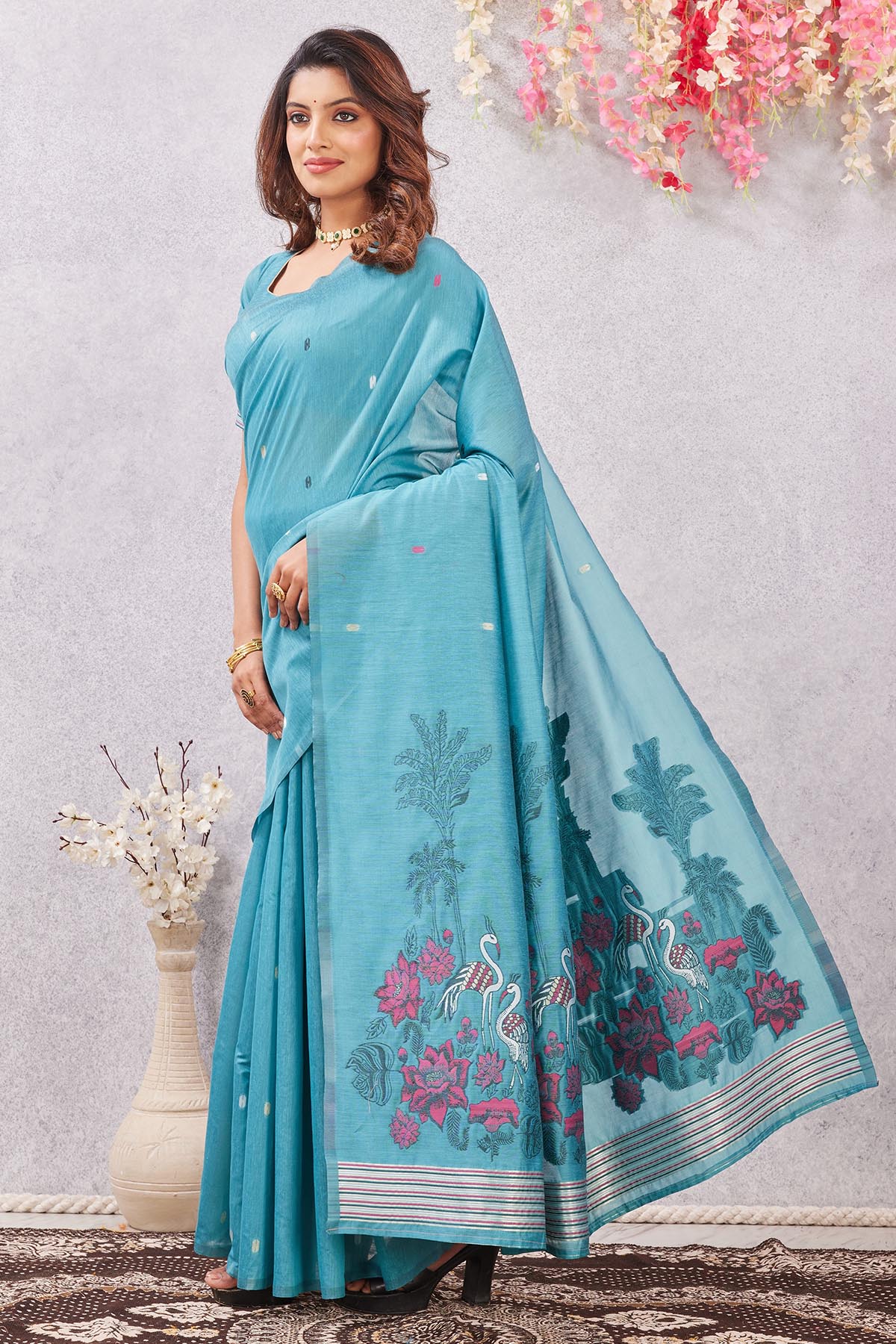 Rama Floral Embroidered Saree
