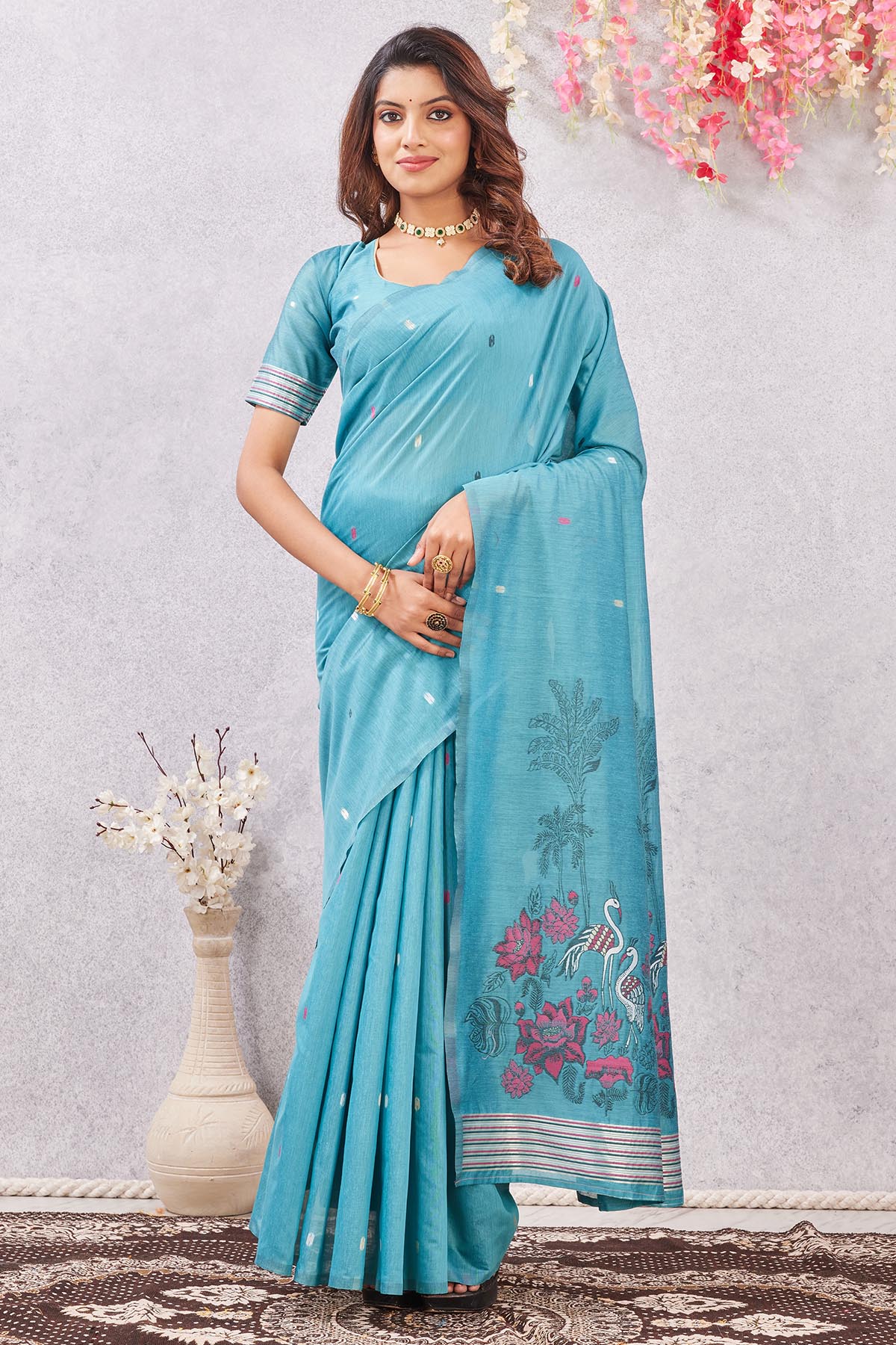 Buy Rama Floral Embroidered Saree for women by Aastha Fashion online available at scrollnshops
