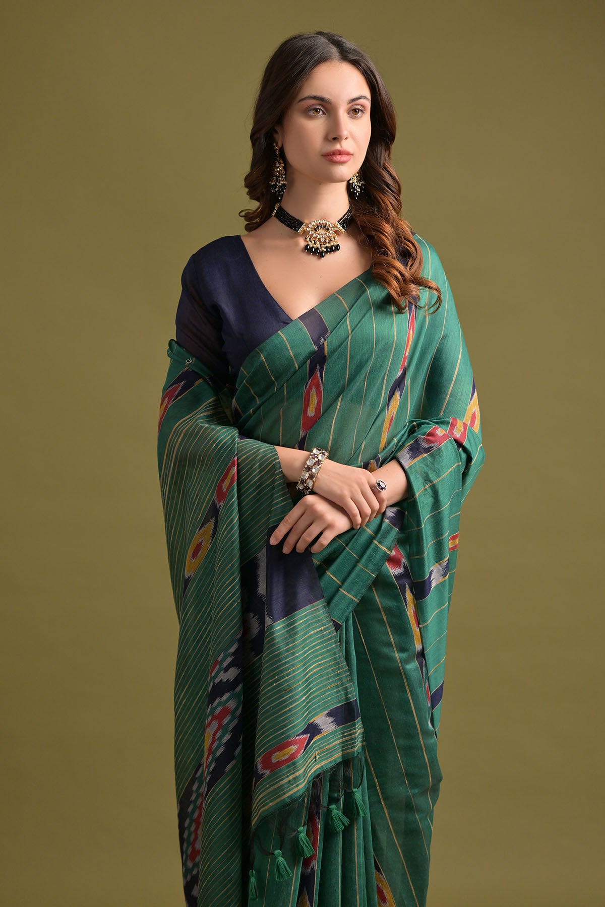 Rama Ikkat Cotton Printed Saree