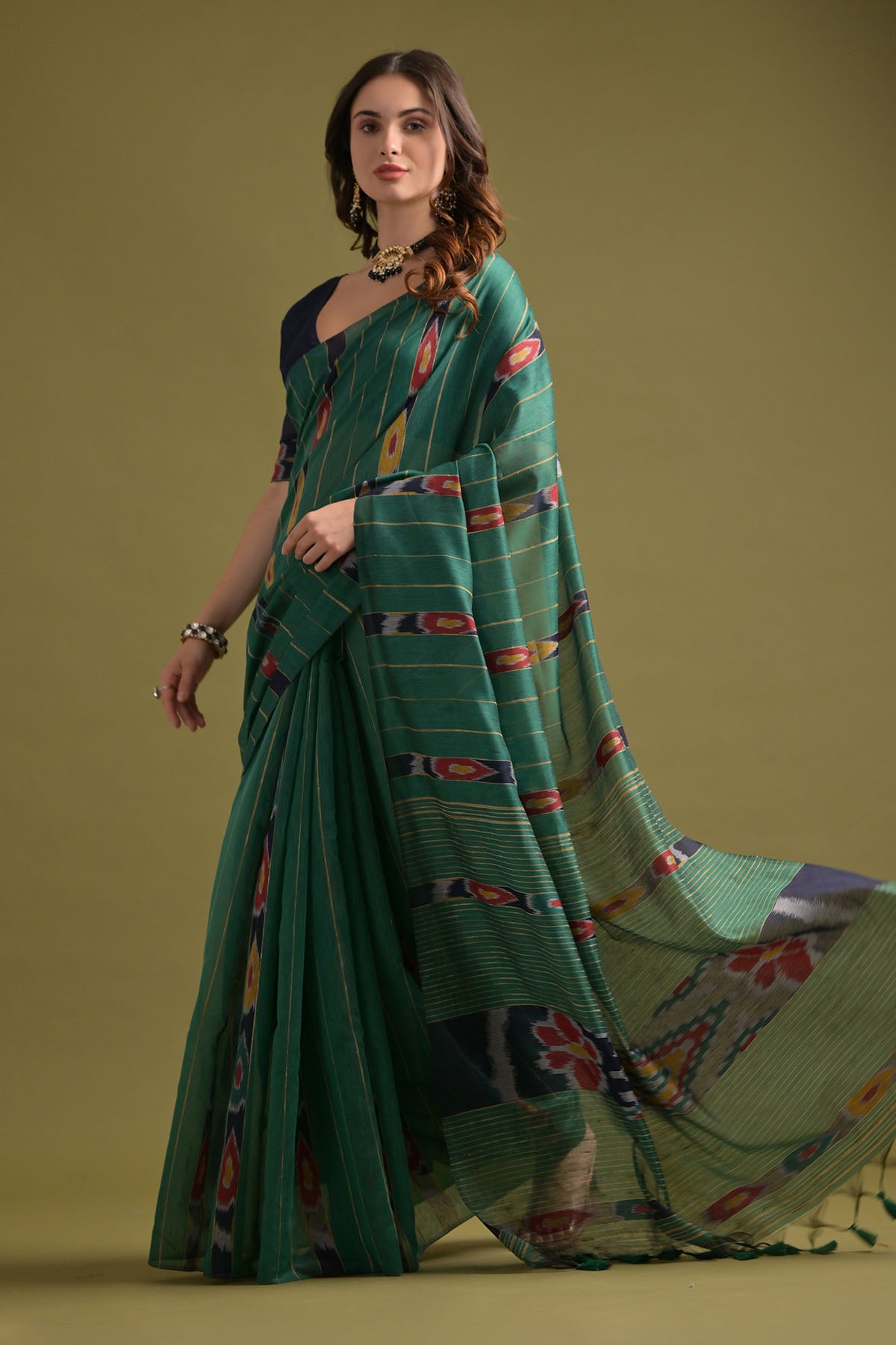 Rama Ikkat Cotton Printed Saree