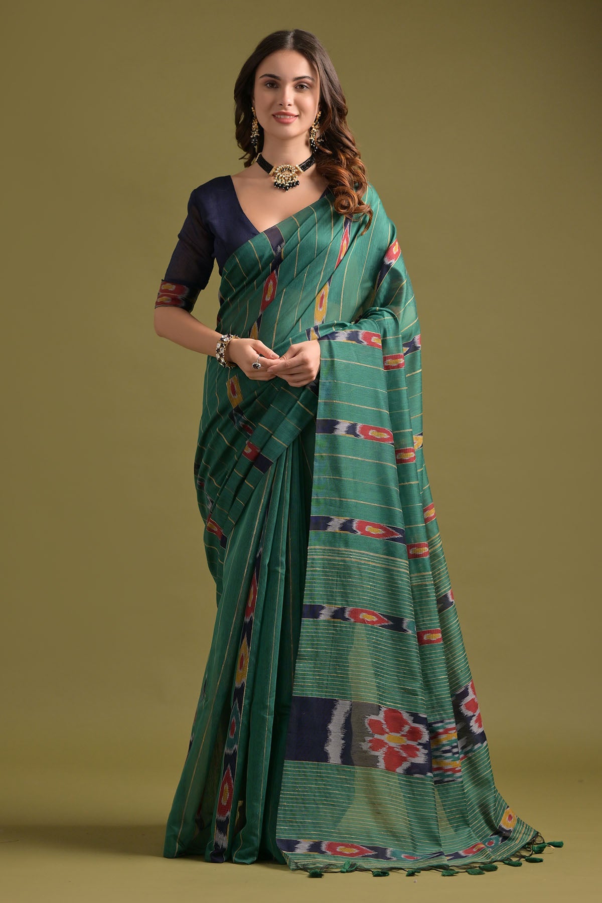 Buy Rama Ikkat Cotton Printed Saree by Lili Lala for women online at ScrollnShops