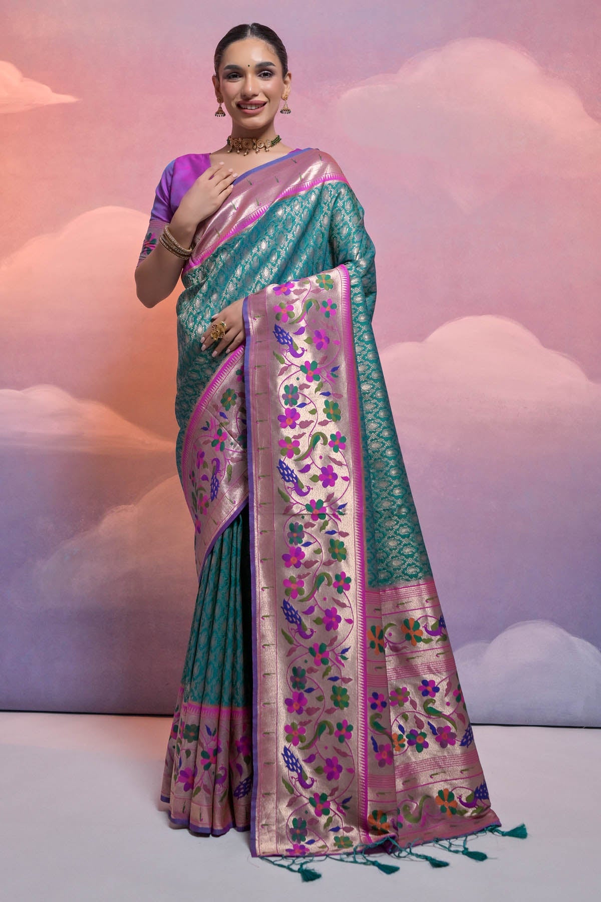 Buy Designer Rama Meenakari Zari Saree Online