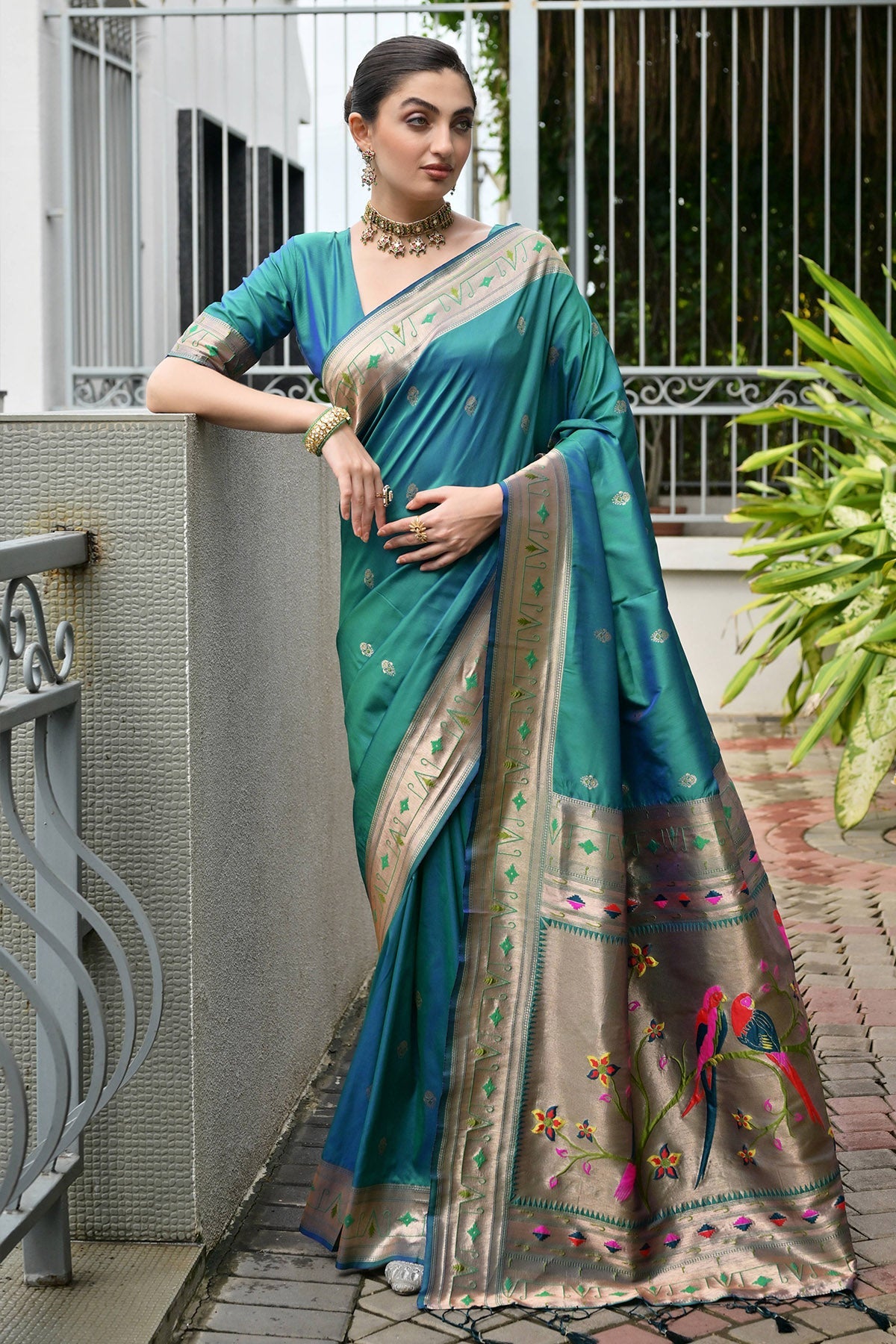 Buy Rama Paithani Silk Pallu Saree for women by Lili Lala Designer online available at scrollnshops