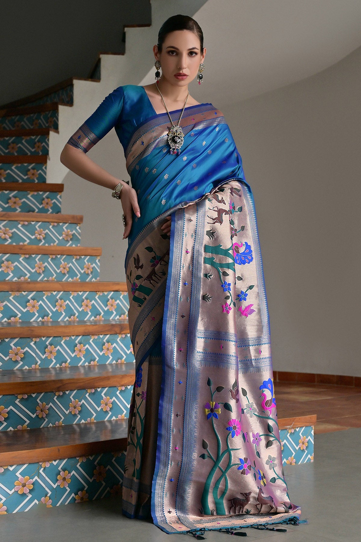 Buy Rama Paithani Silk Woven Saree for women by Lili Lala Designer online available at scrollnshops