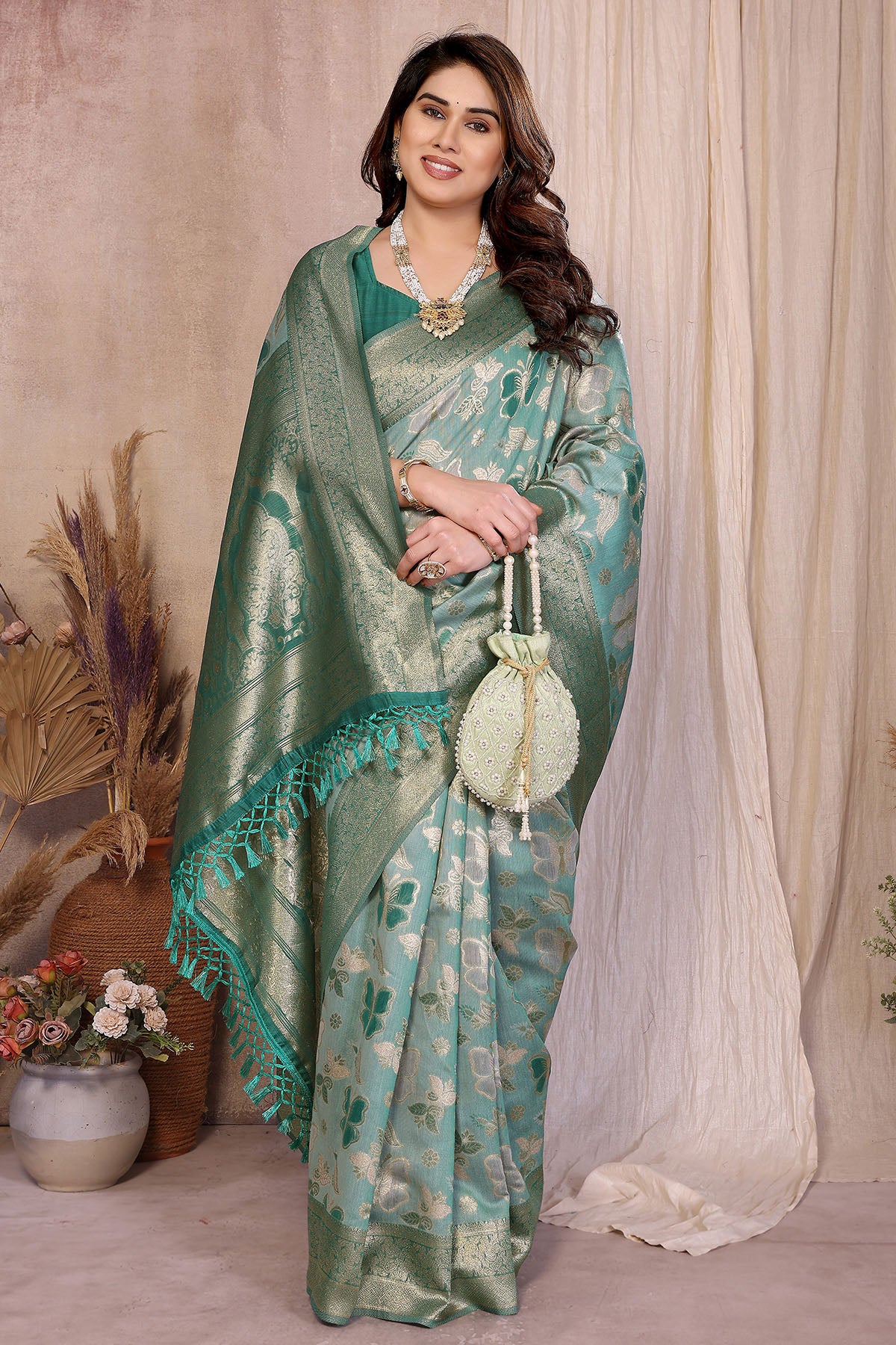 Rama Pure Cotton Tassel Saree