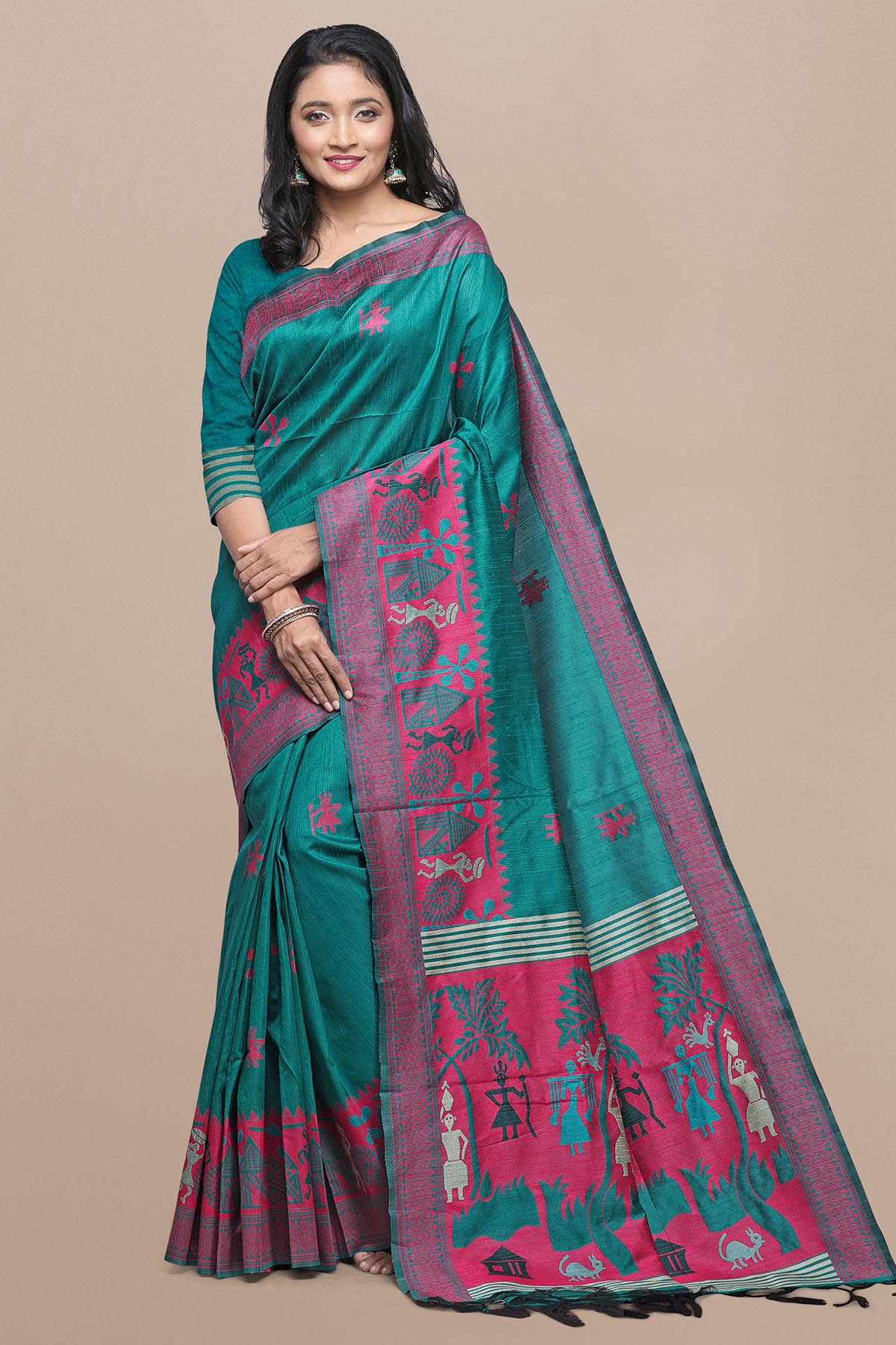 Buy Rama Raw Silk Kalamkari Saree by Lili Lala for women online at ScrollnShops