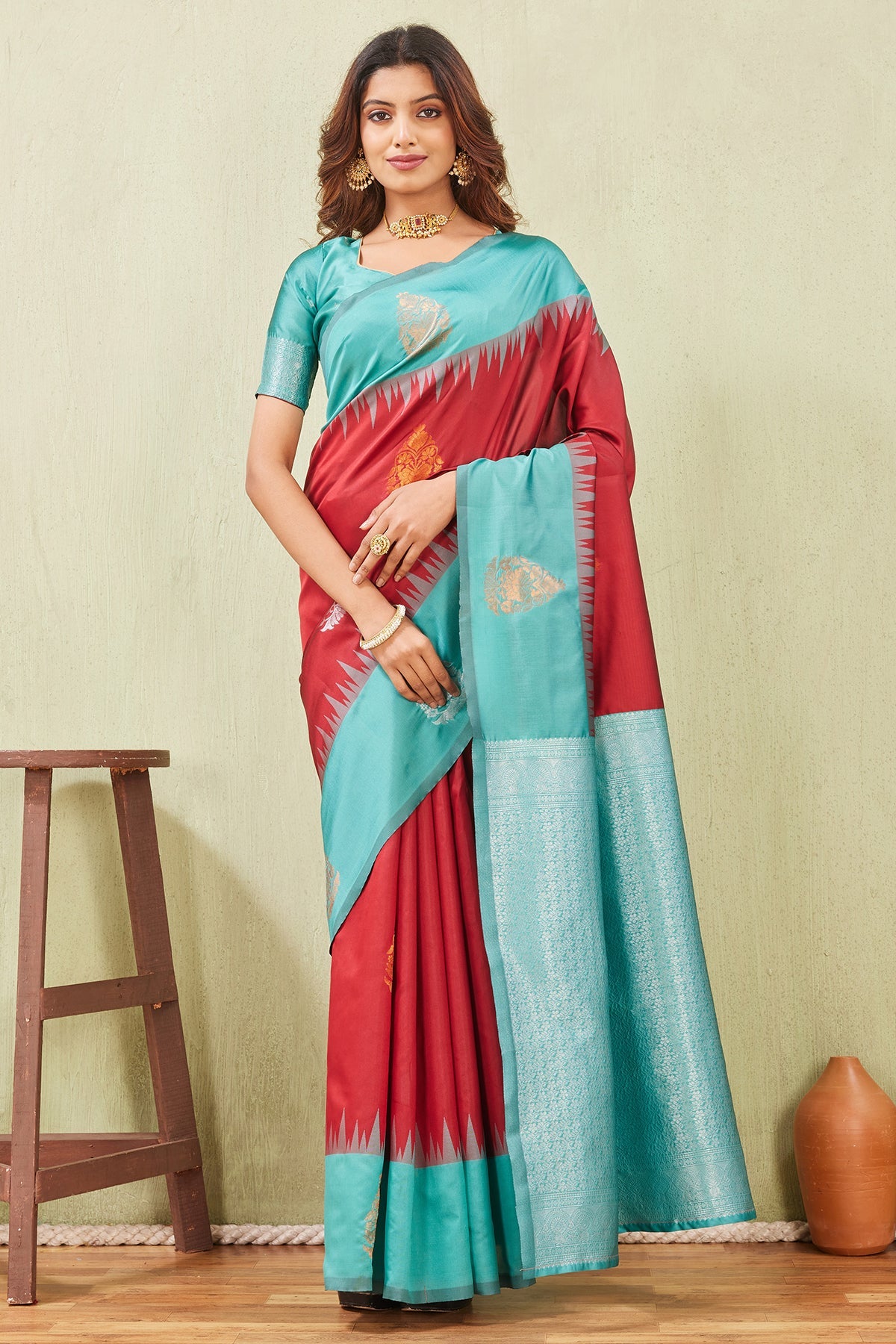 Buy Rama Red Banarasi Silk Saree for women by Aastha Fashion online available at scrollnshops