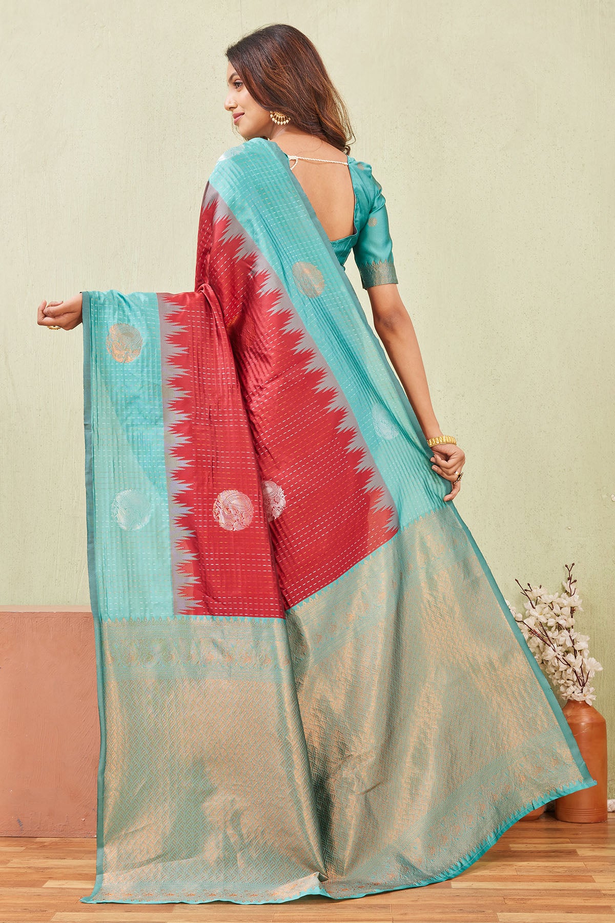 Rama Red Floral Border Saree