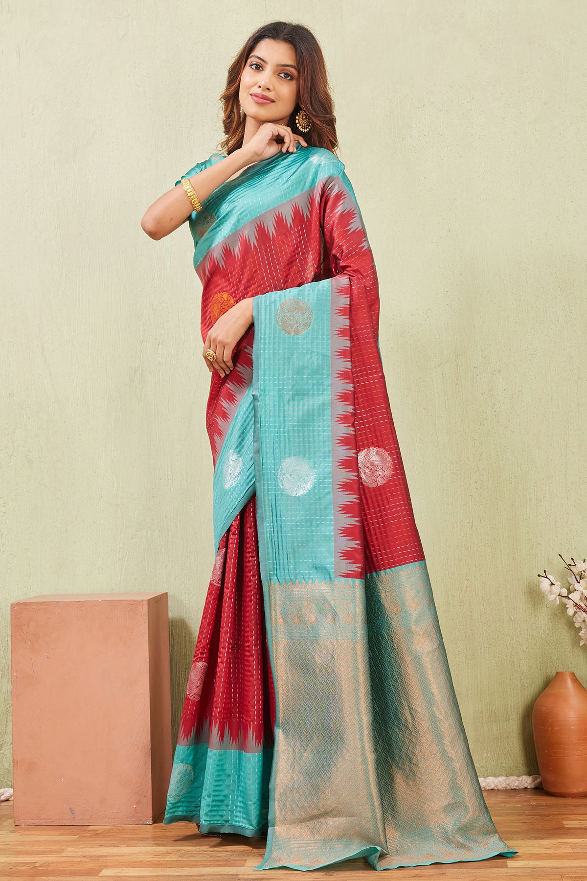 Rama Red Floral Border Saree