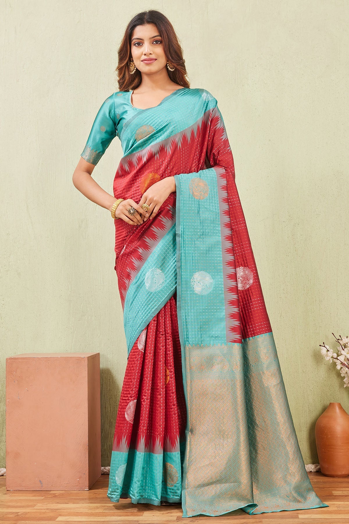 Buy Rama Red Floral Border Saree for women by Aastha Fashion online available at scrollnshops