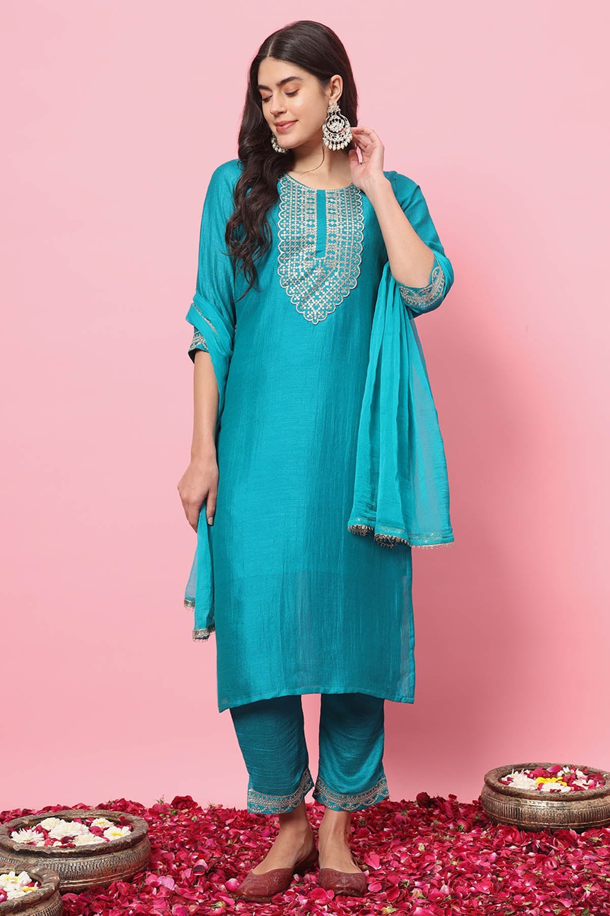 Buy Rama Silk Embroidery Kurta Set for women by Aastha Fashion online available at scrollnshops