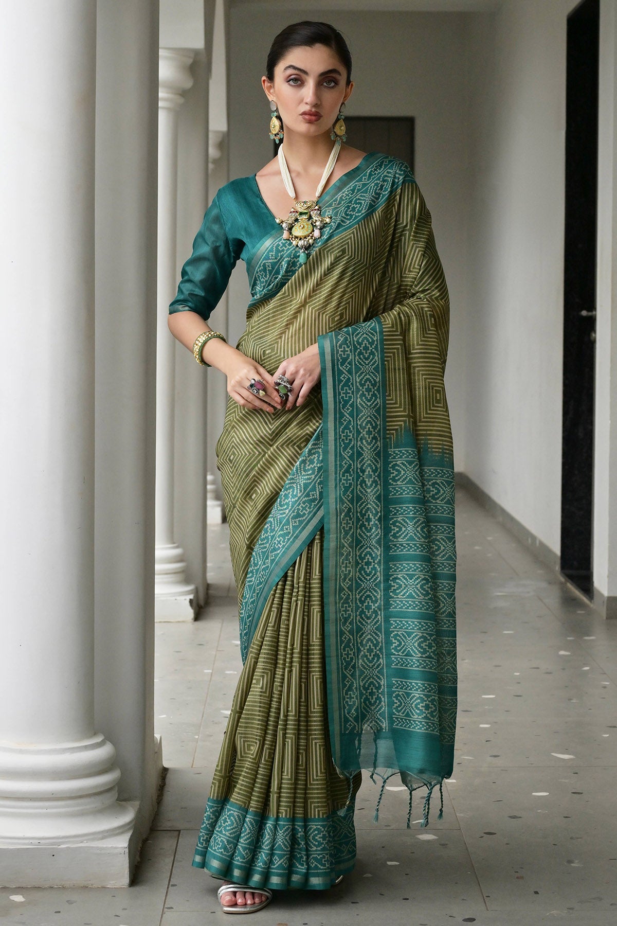 Buy Rama Tussar Silk Printed Saree for women by Lili Lala Designer online available at scrollnshops
