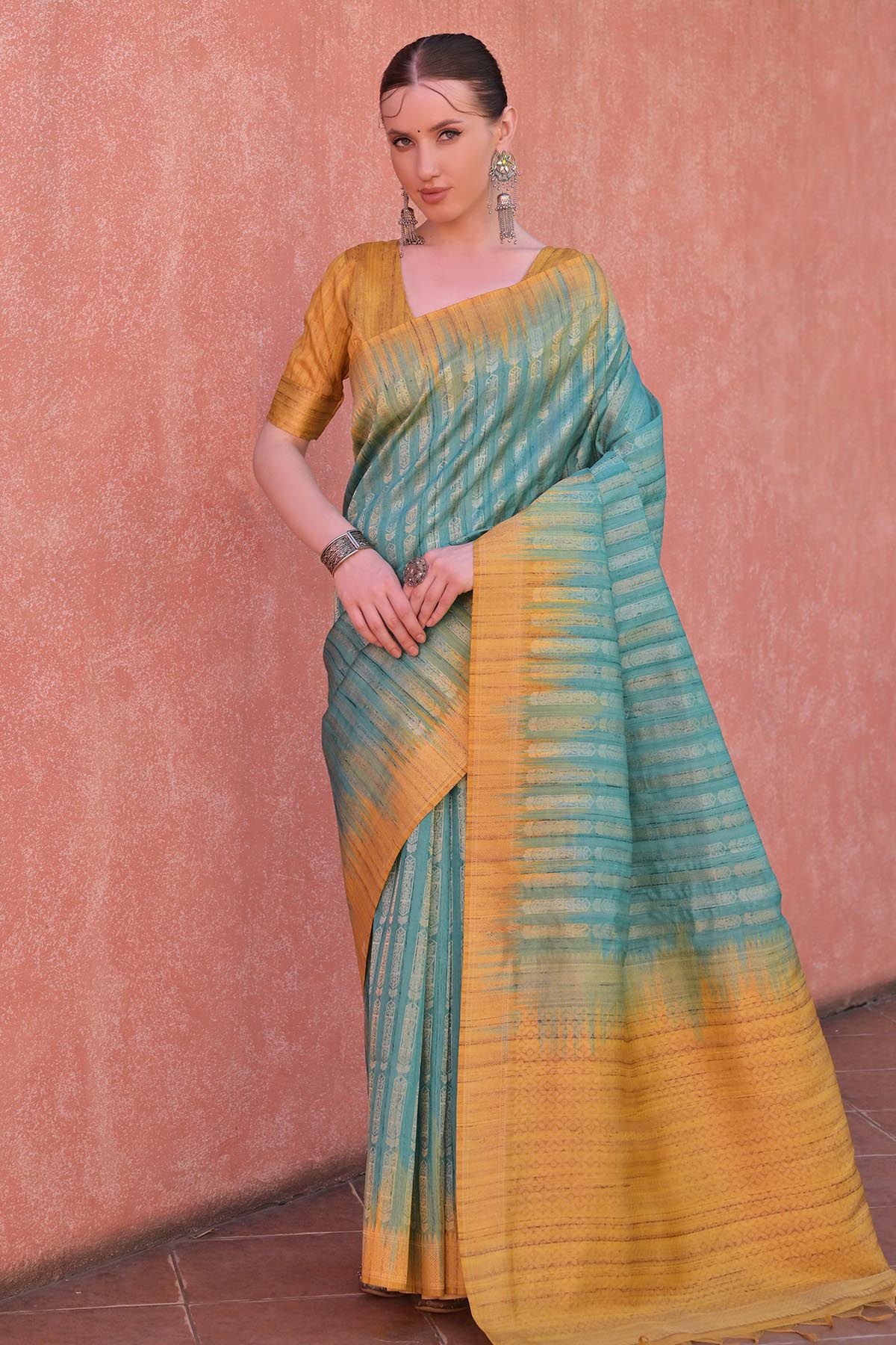 Buy Rama Tussar Silk Zari Saree by Lili Lala for women online at ScrollnShops