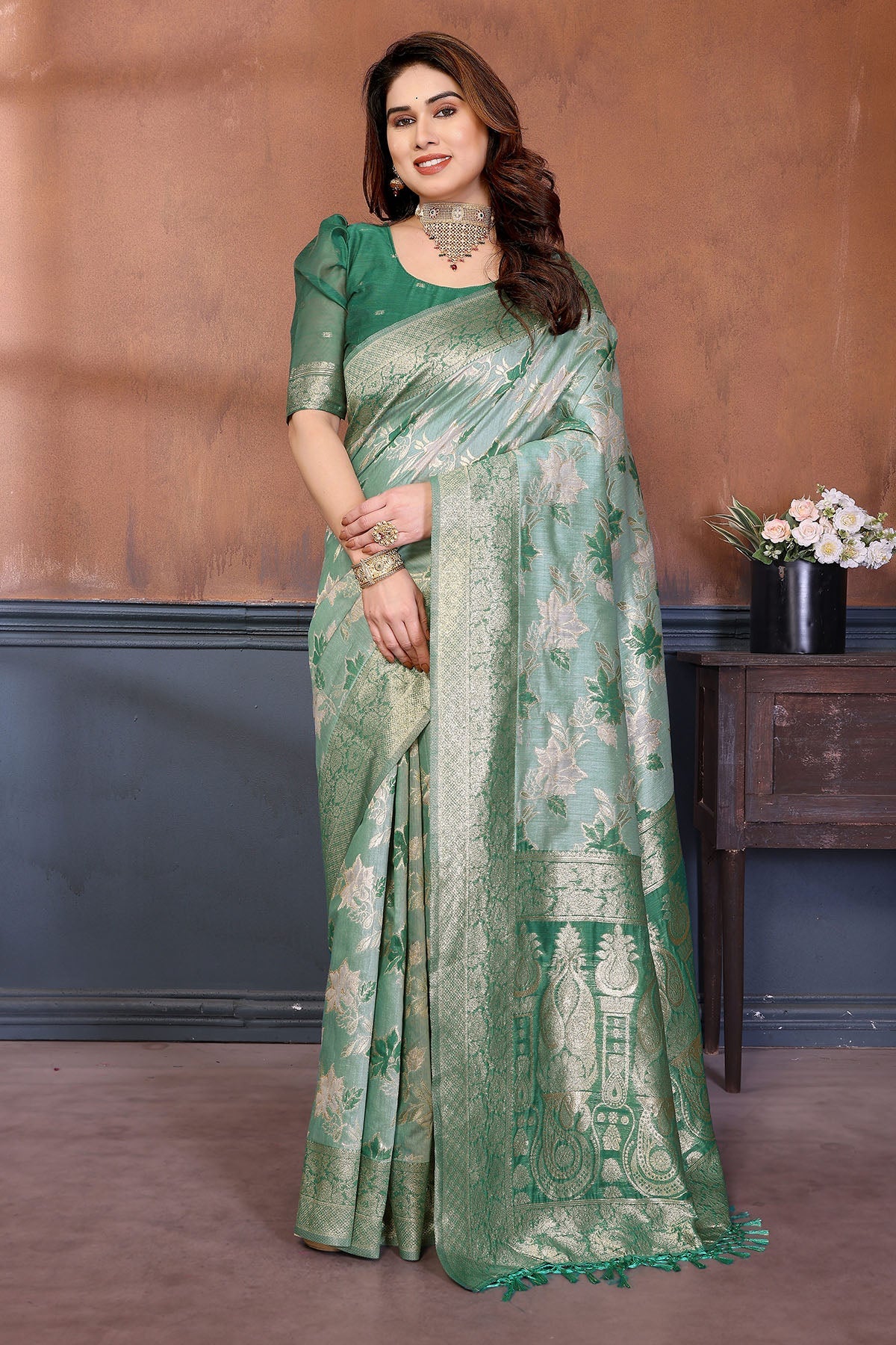 Buy Rama Zari Weaving Tassel Saree for women by Aastha Fashion online available at scrollnshops