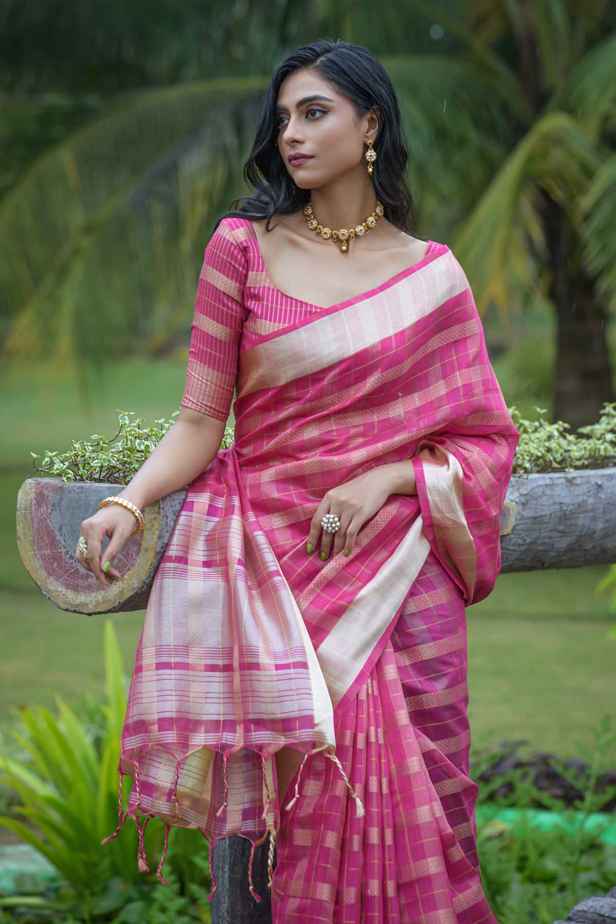 Rani Pink Organza Silk Saree