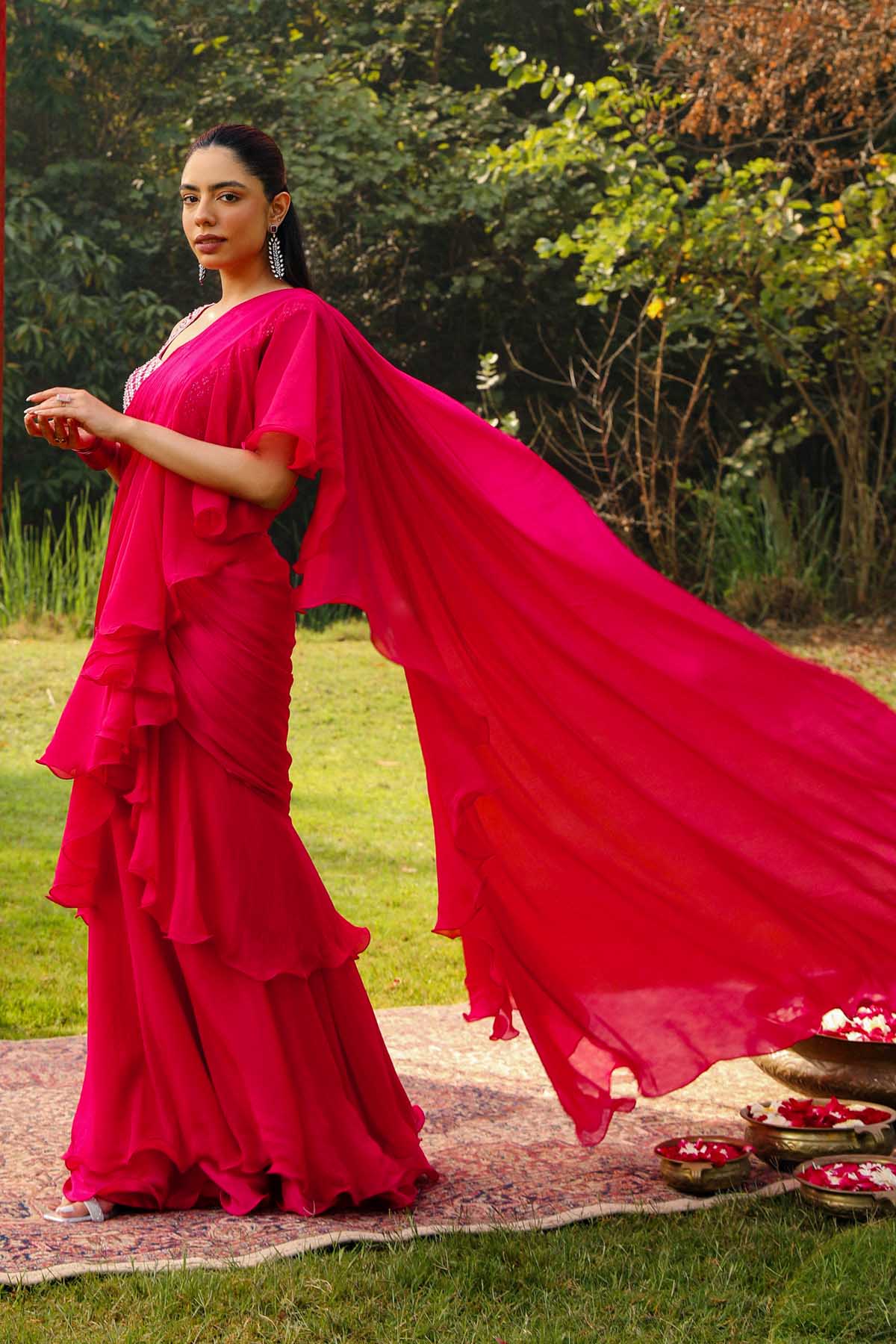 Rani Crystal Pre-Drape Saree