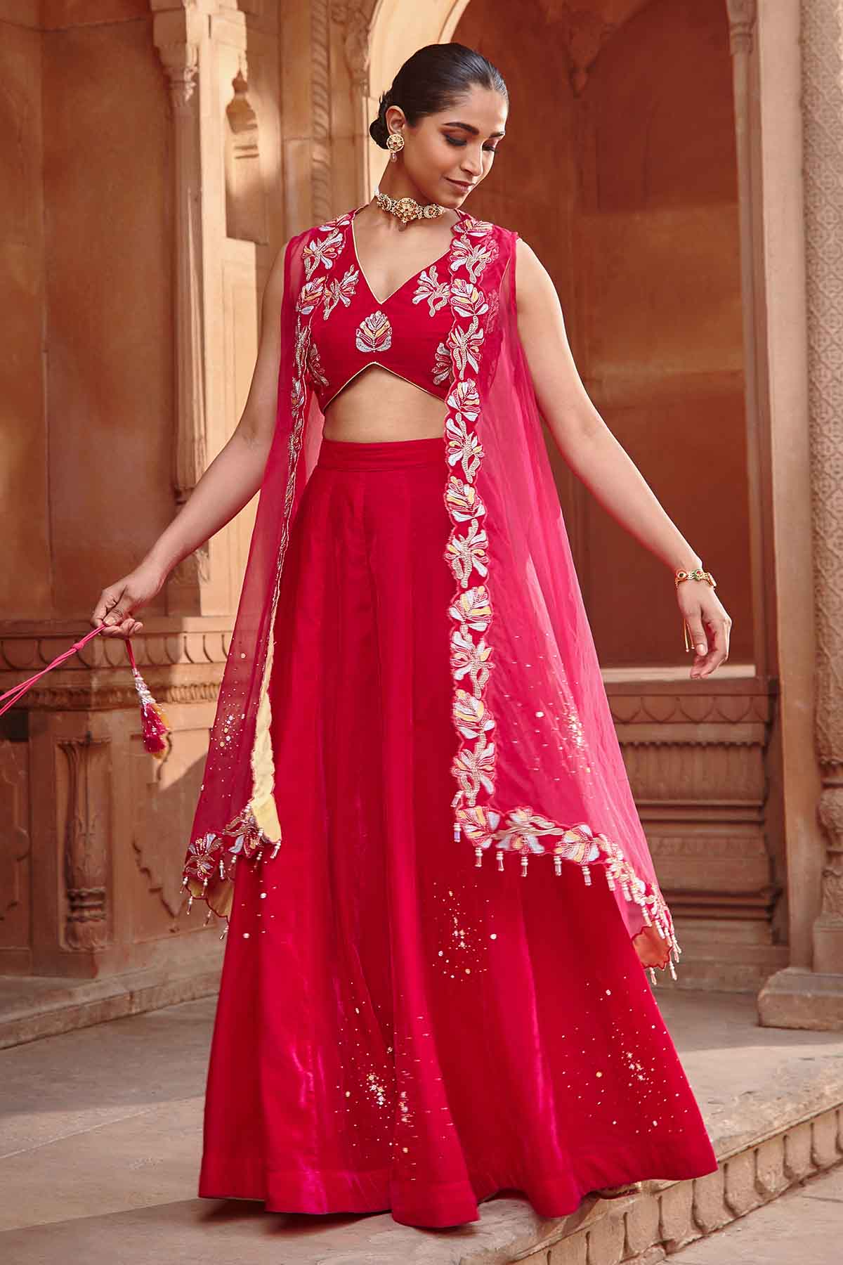 Buy Rani Pink Embroidered Cape Set by Ajiesh Oberoi for women online at ScrollnShops