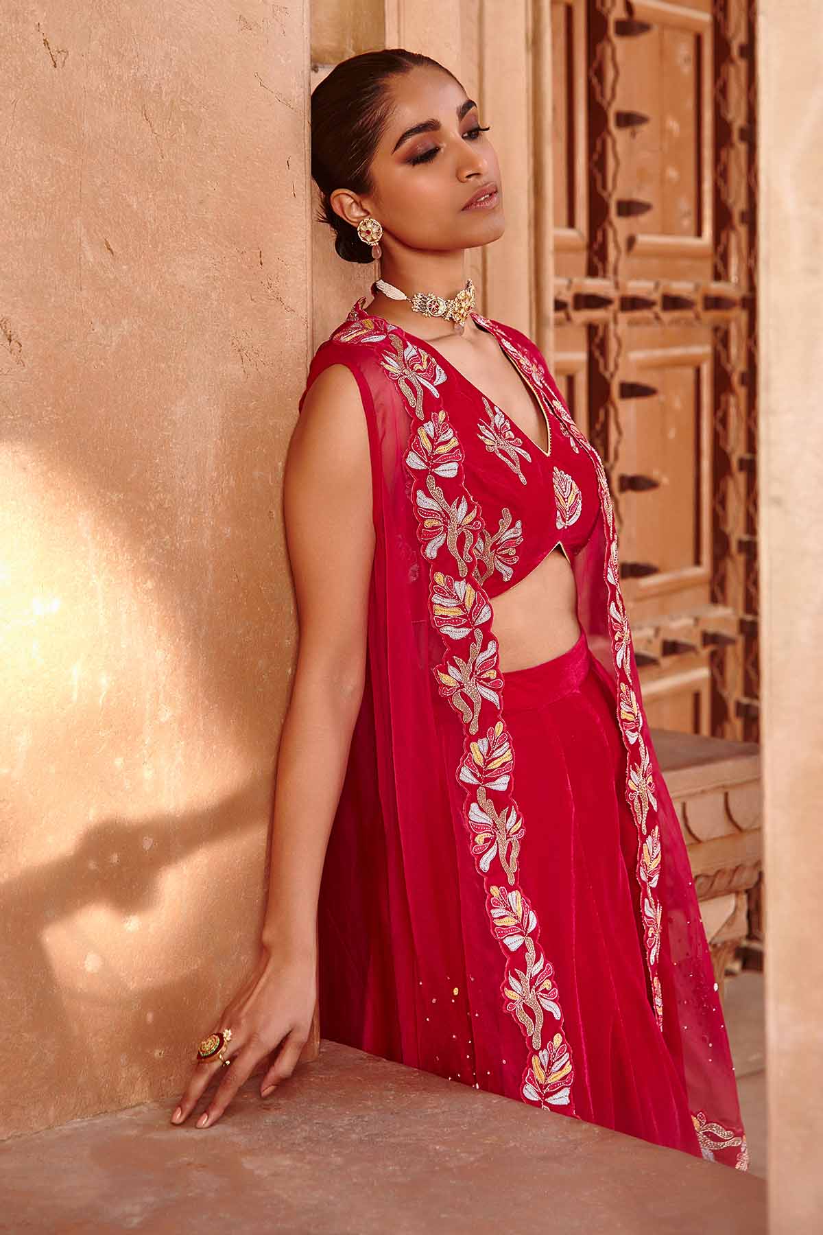 Rani Pink Embroidered Cape Set