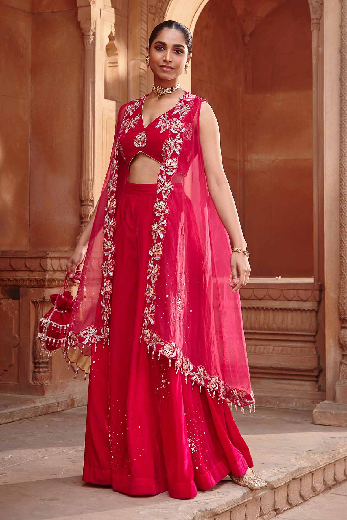 Rani Pink Embroidered Cape Set