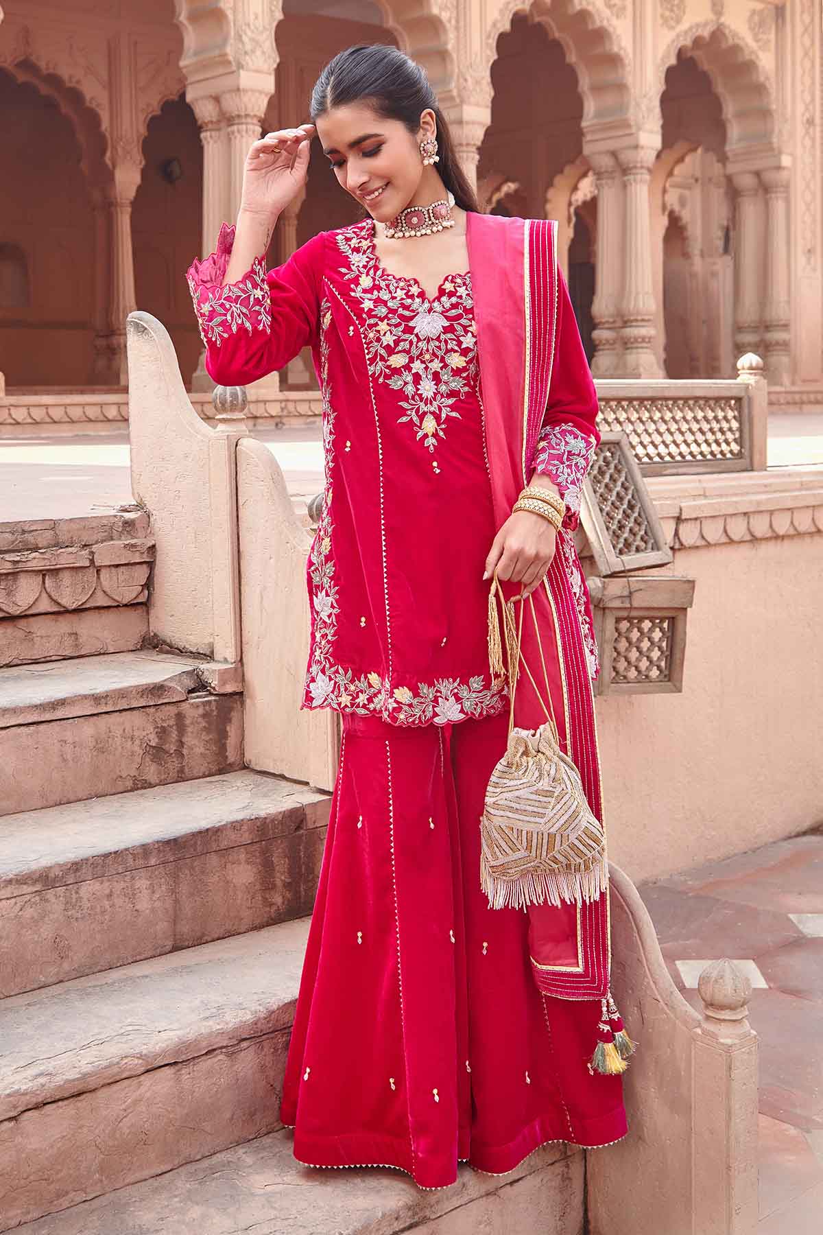 Buy Rani Pink Embroidered Garara Set by Ajiesh Oberoi for women online at ScrollnShops