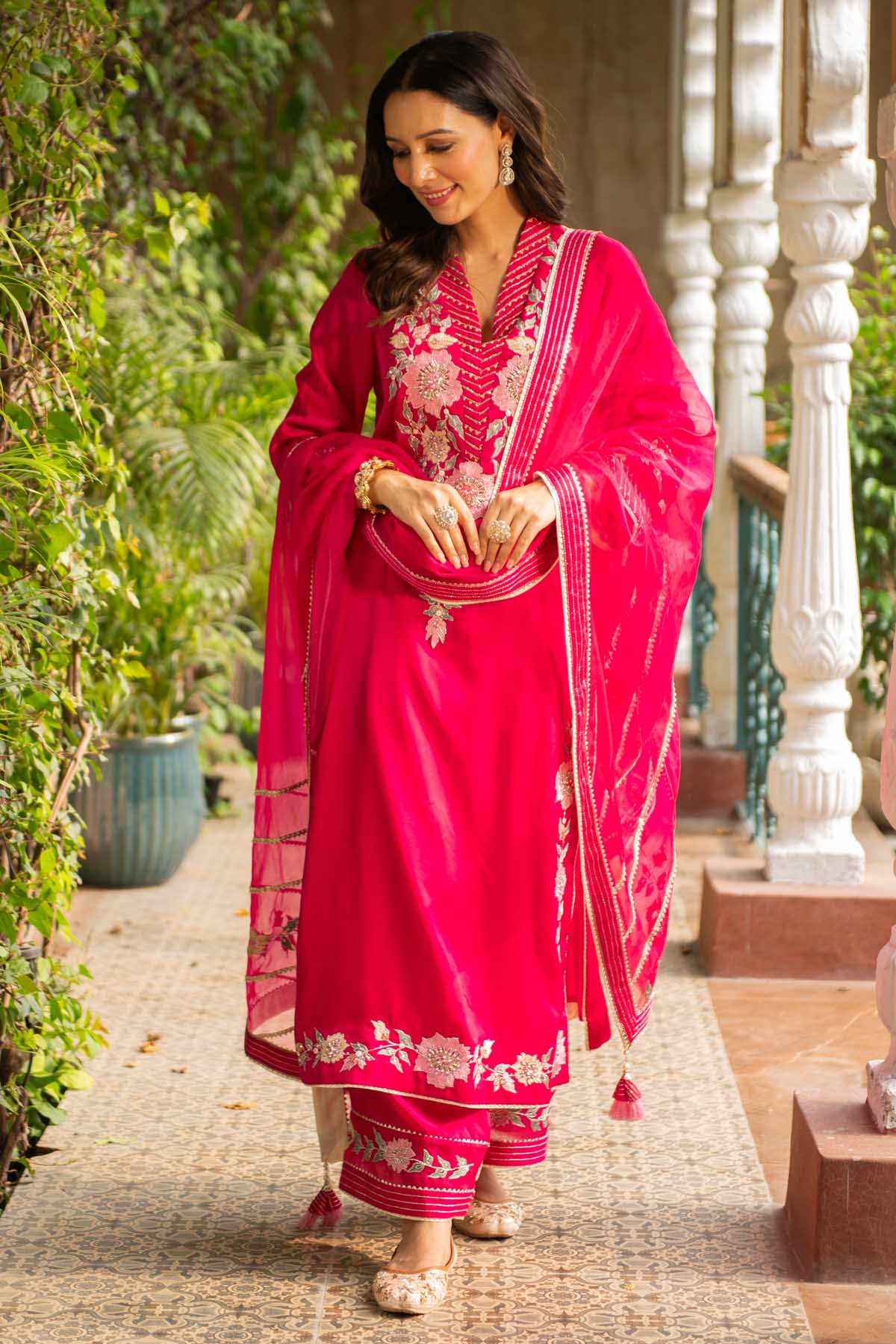 Ajiesh Oberoi Rani Pink Embroidered Kurta Set for women online at ScrollnShops