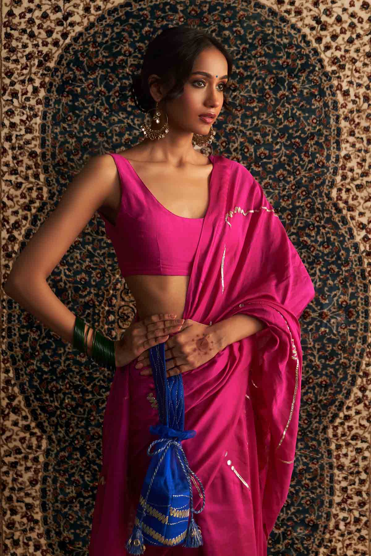 Rani Pink Embroidered Saree