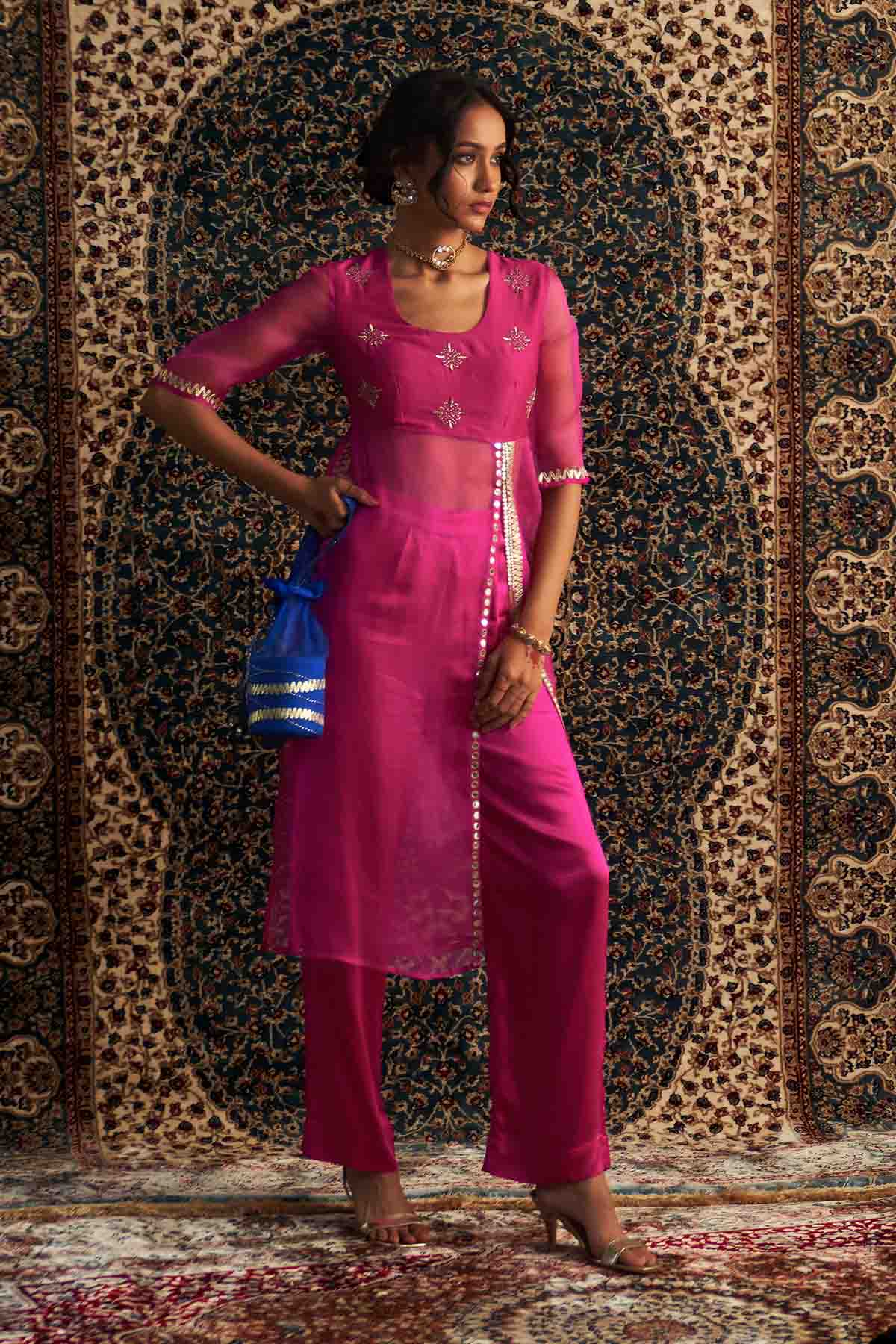 Buy Rani Pink Straight Kurta & Pants by Charkhee for women online at ScrollnShops