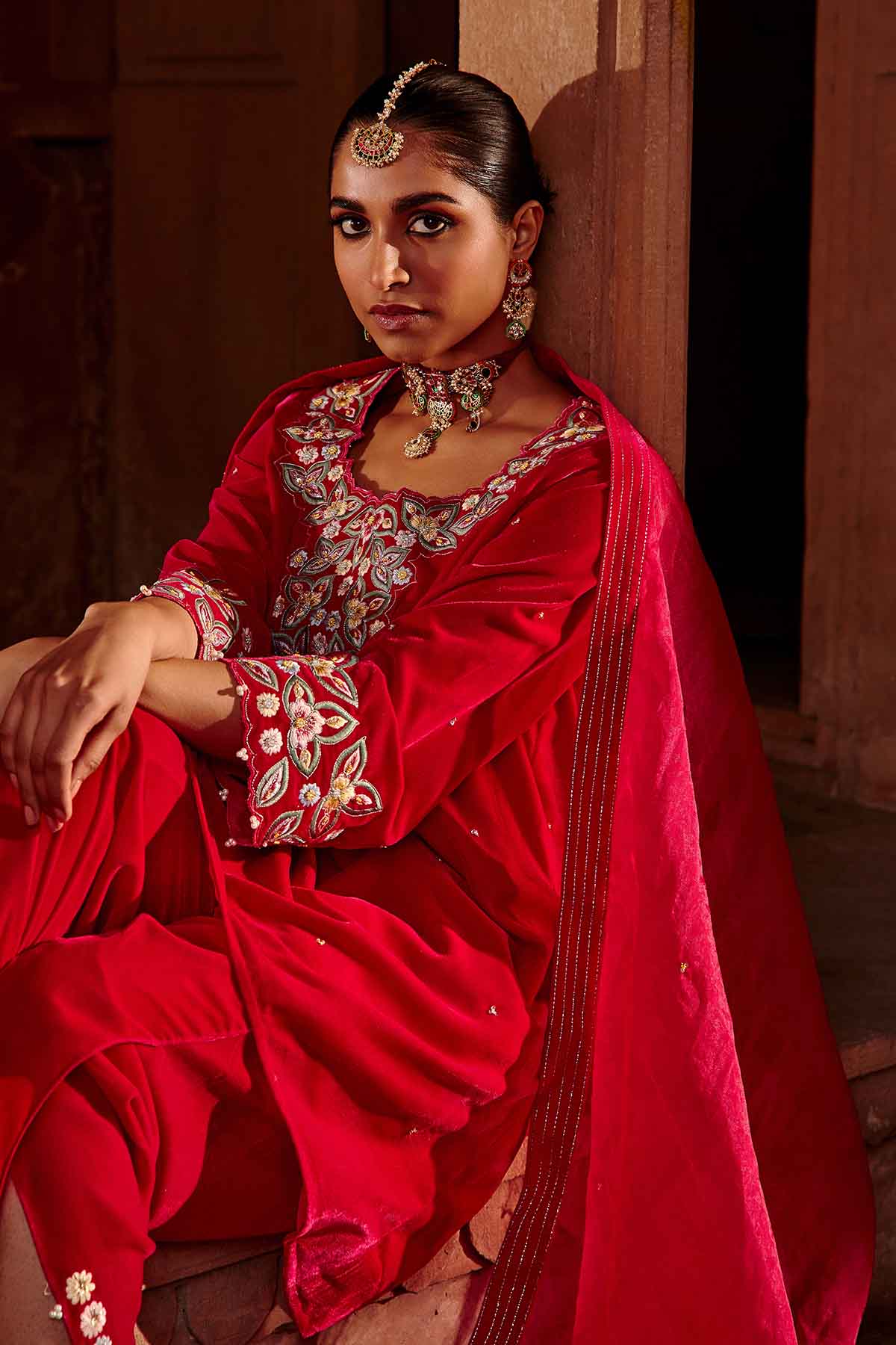 Rani Pink Velvet Short Kurta Set