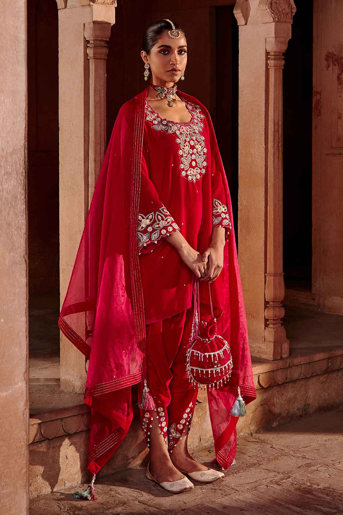 Rani Pink Velvet Short Kurta Set