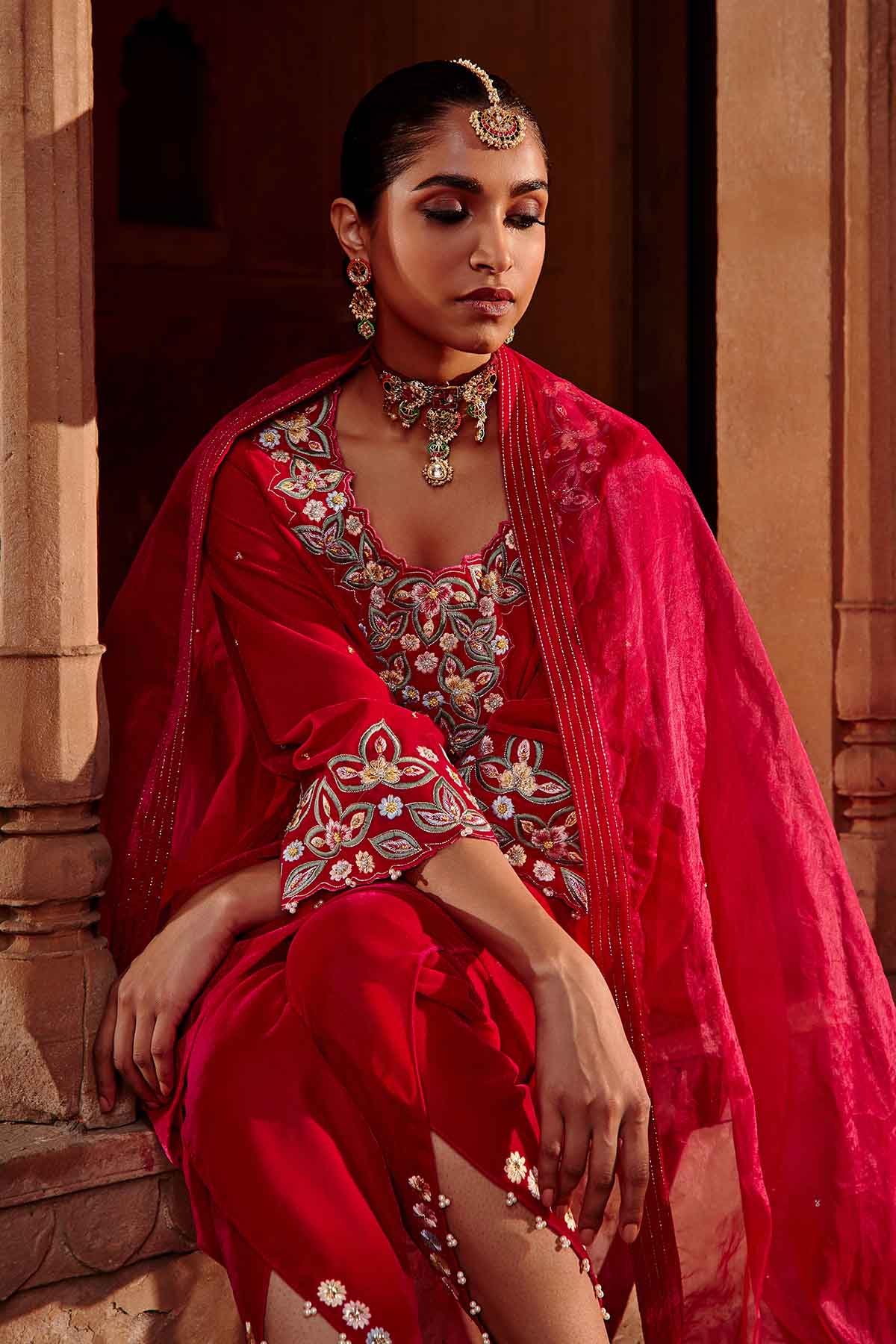 Rani Pink Velvet Short Kurta Set