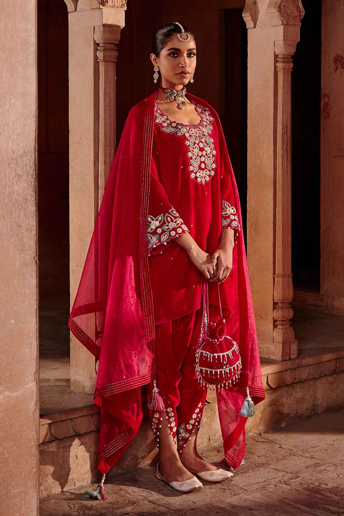 Buy Rani Pink Velvet Short Kurta Set Online