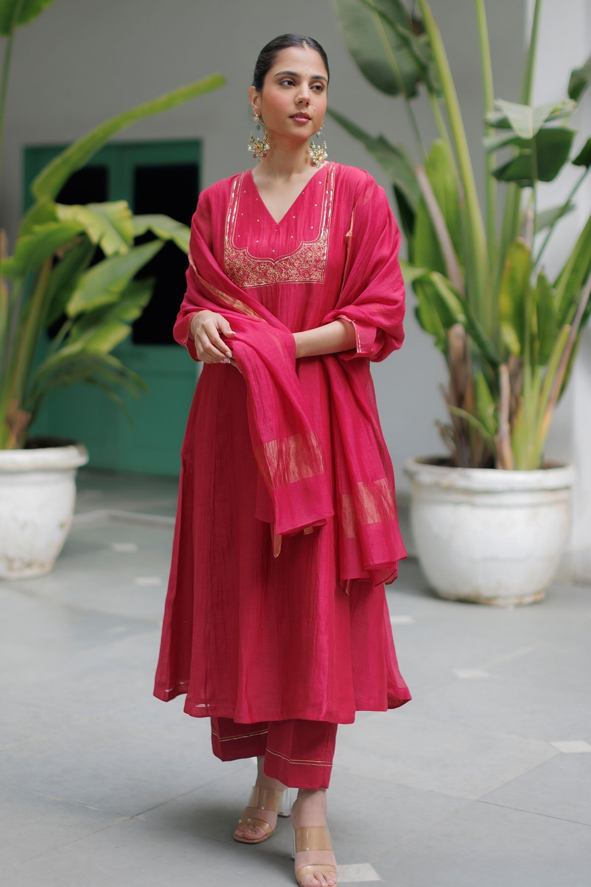 Buy Rani Pink Zari Detail Kurta Set by Silpaa for women online at ScrollnShops