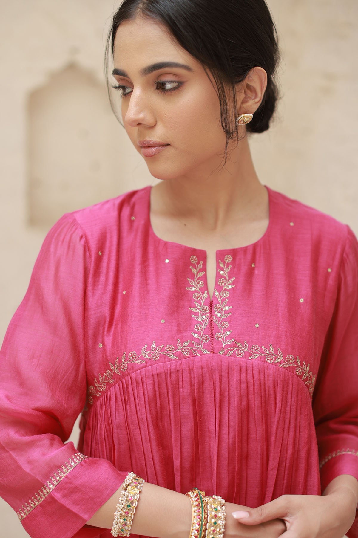 Rani Pink Zari Work Kurta Set
